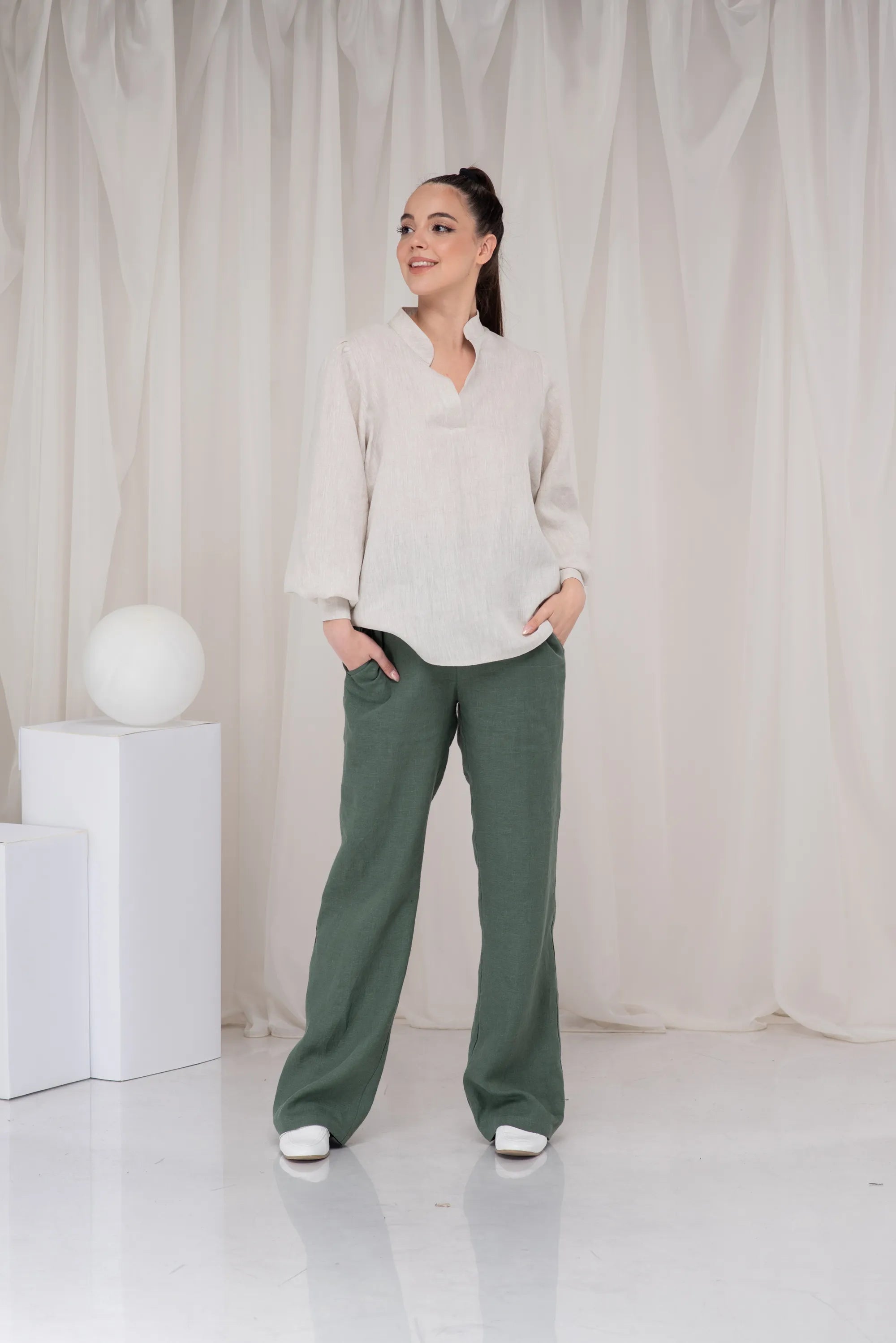 Linen Victorian Loose Blouse with Balloon Sleeves-Danellys.webp