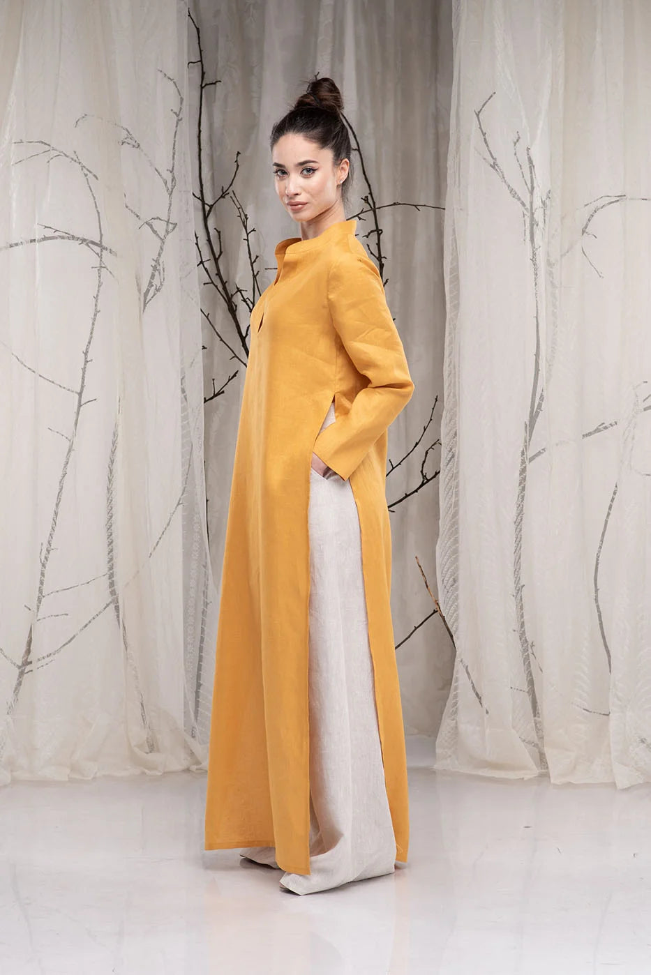 Long Linen Tunic Dress with Two Side Slits and Long Sleeves-Danellys.webp