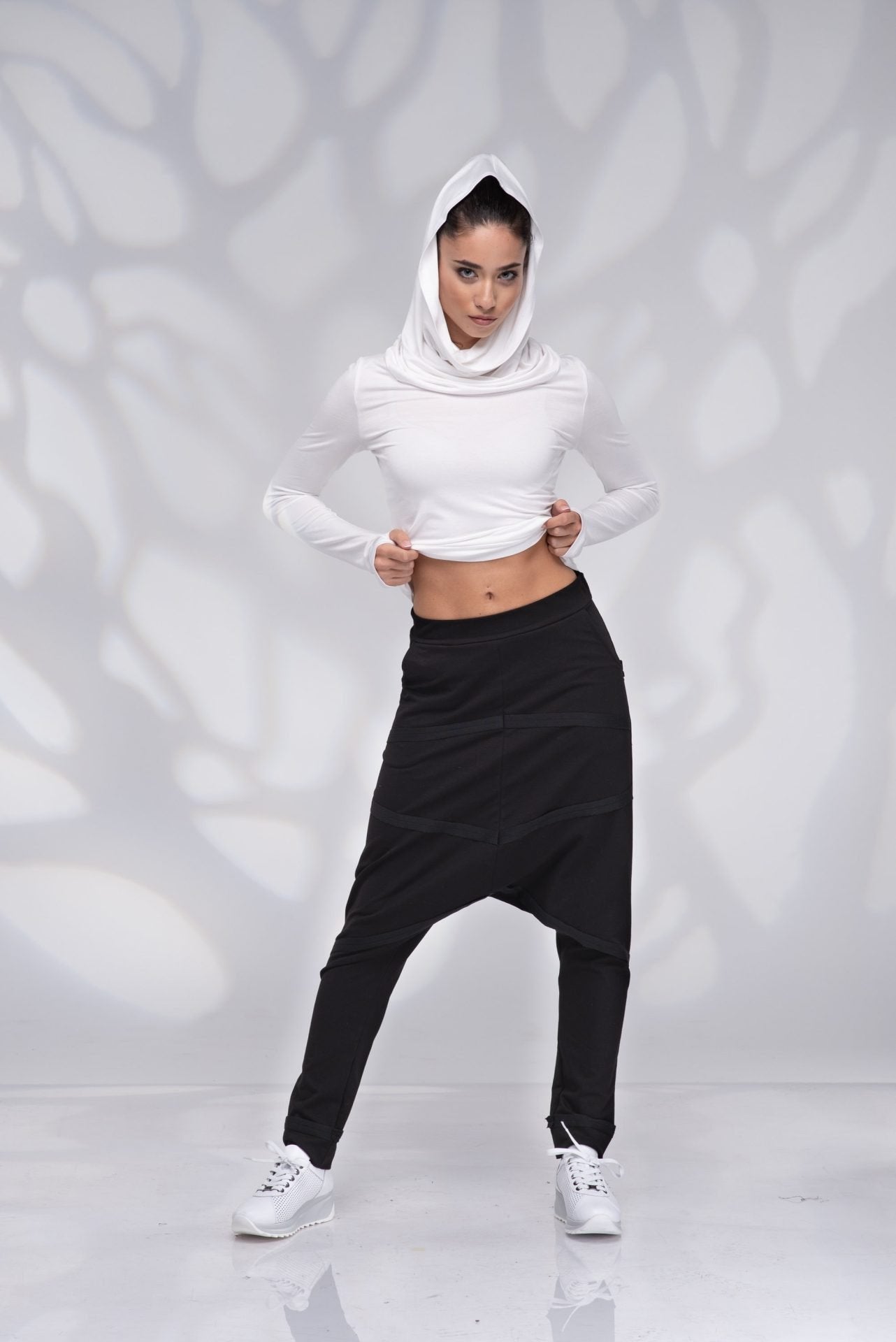 White Cowl Hood Fitted Top with Extra Long Thumb Hole Sleeves
