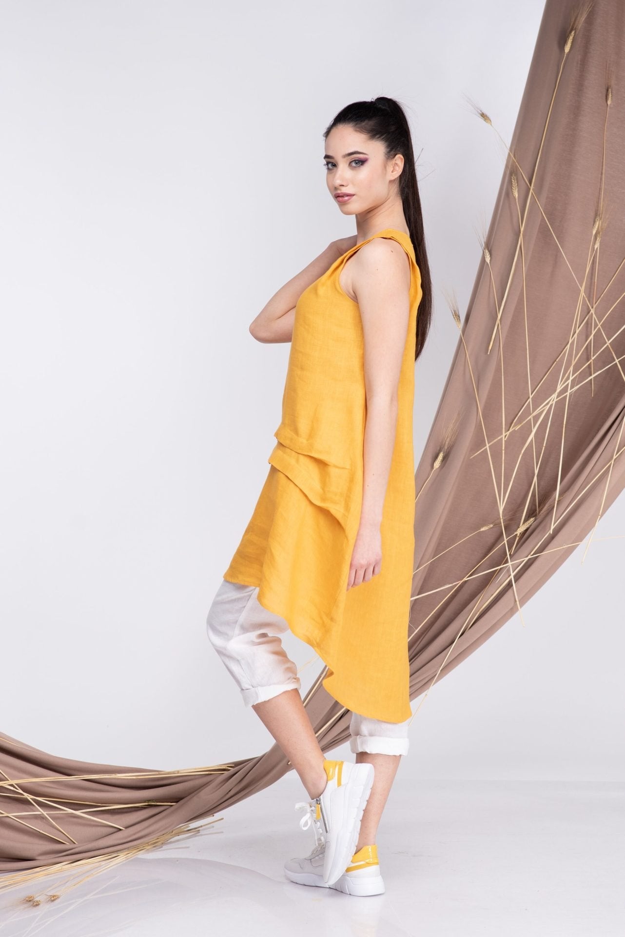 Mustard Linen Sleeveless Tunic Top