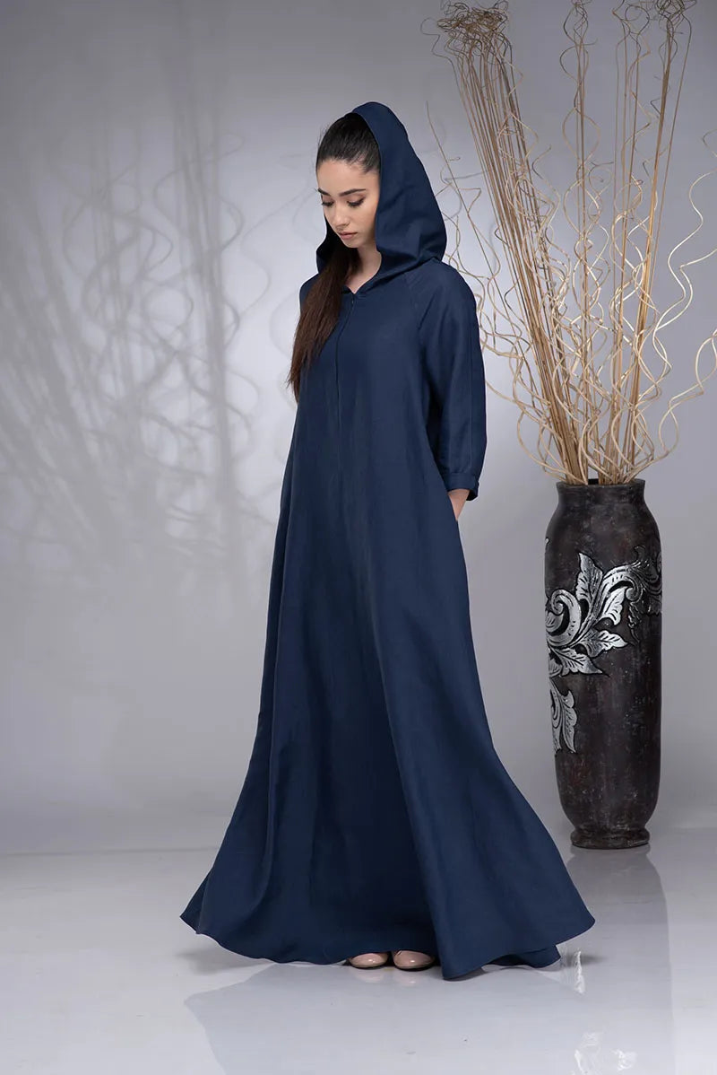 Linen Kaftan Hooded Plus Size Abaya Dress