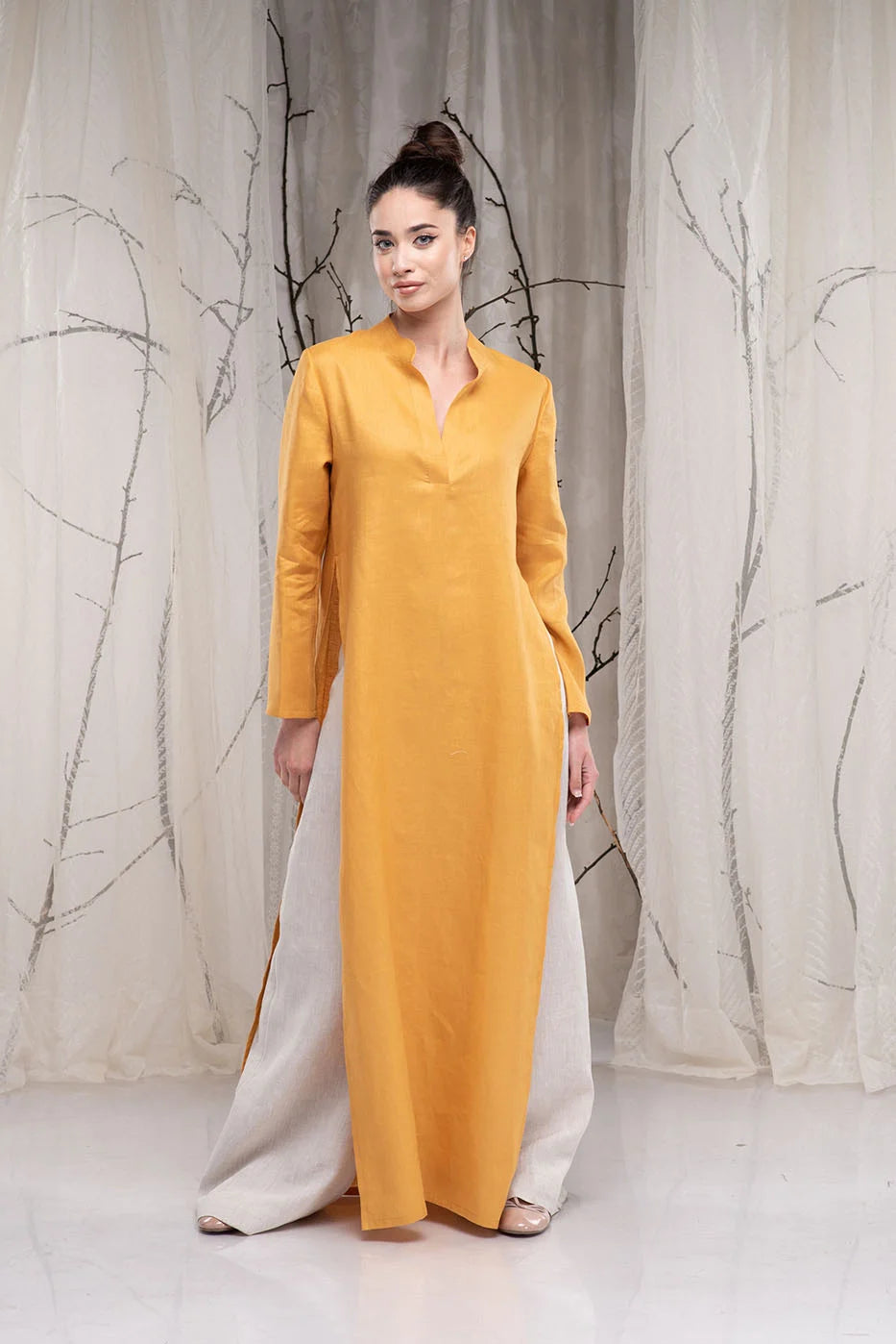Long Linen Tunic Dress with Two Side Slits and Long Sleeves-Danellys-2.webp