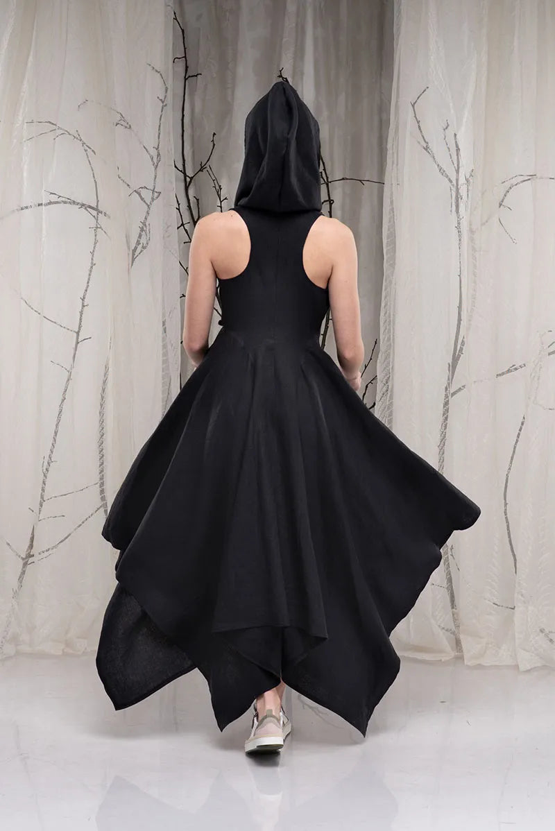 Hooded Linen Wrap Asymmetrical Black Gothic Dress-Danellys-4.webp