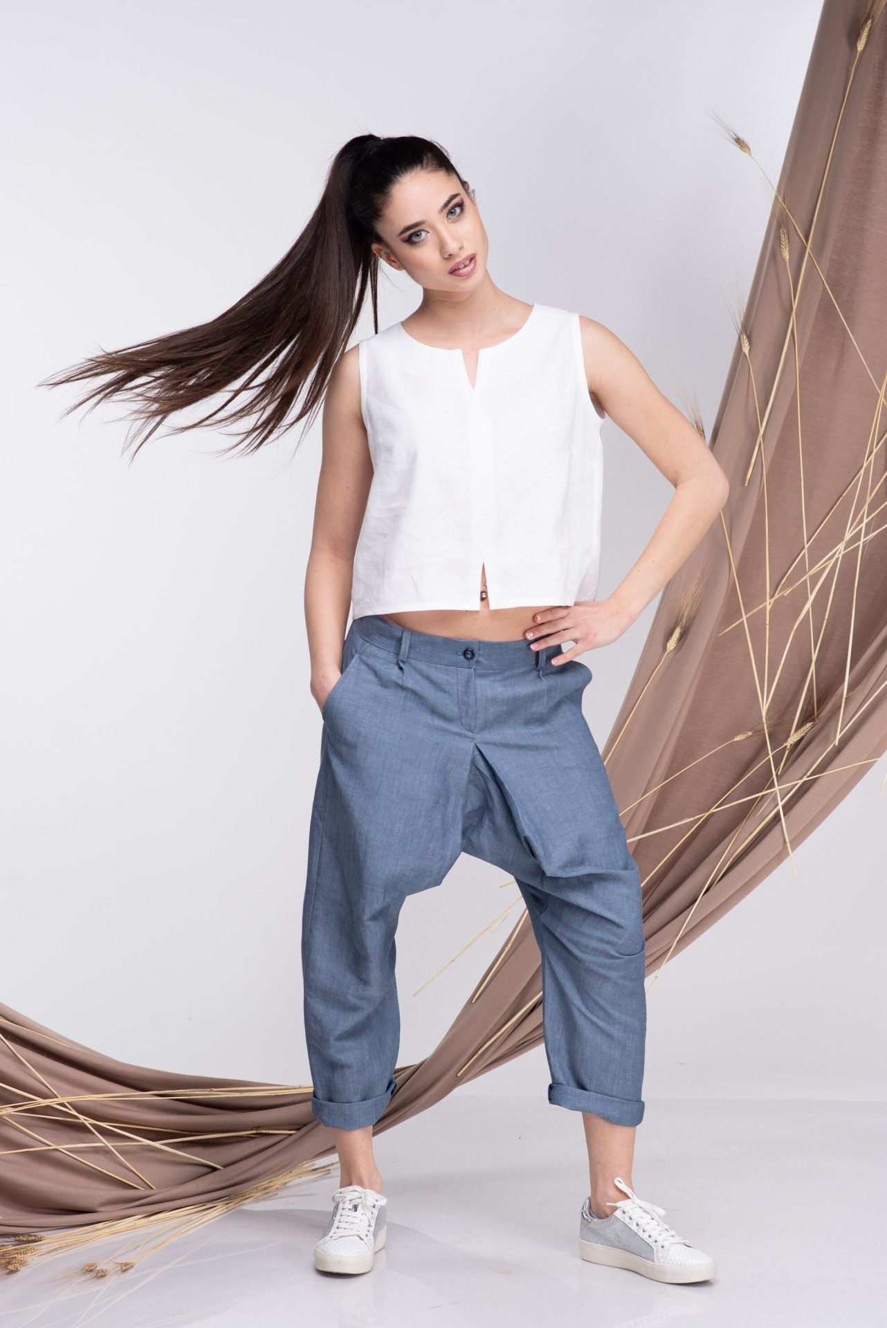 White Linen Basic Crop Top