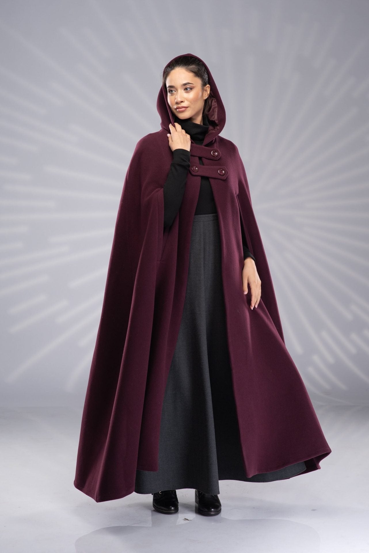 Wool Coat Cloak with Hood Long Maxi Hooded Cloak