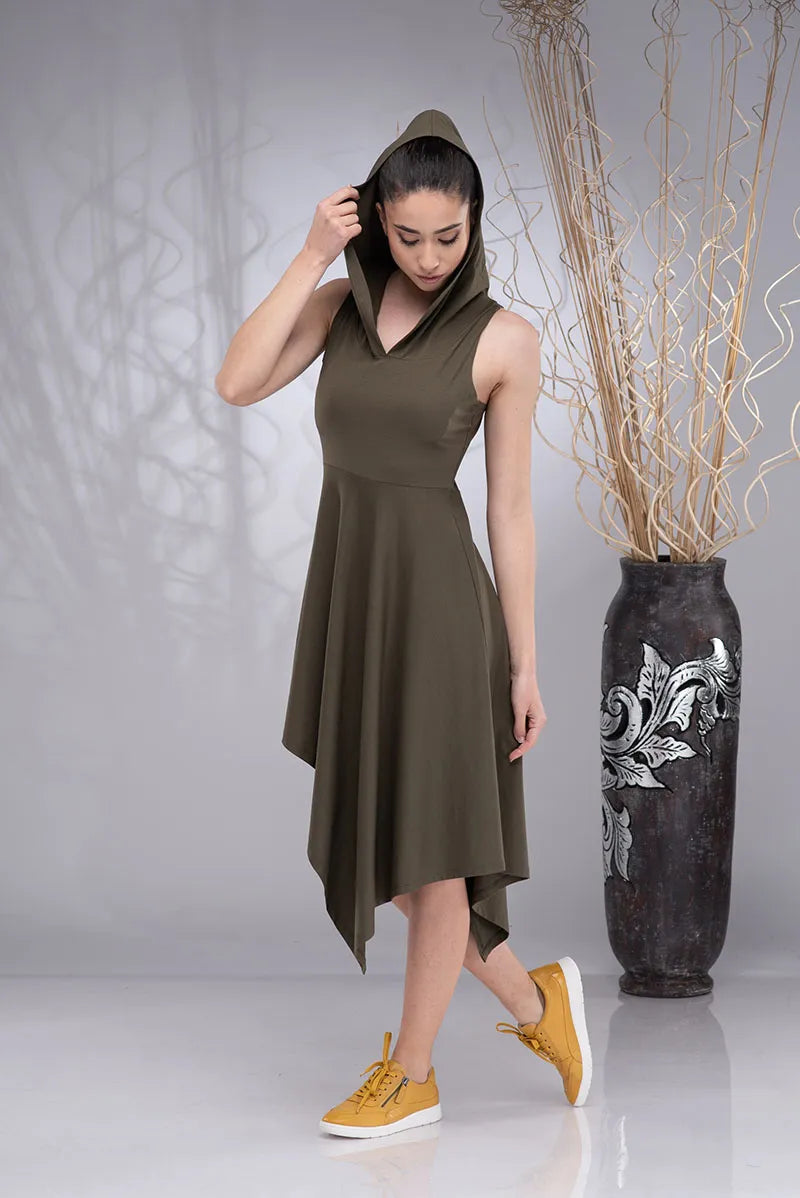 Elven Cotton Asymmetrical Cowl Hood Dress
