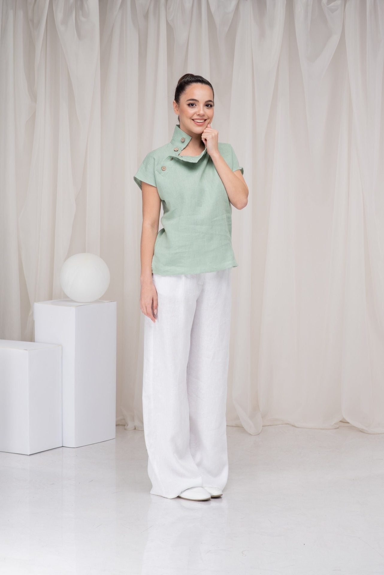 Flax Pure Linen Button up Blouse with Short Sleeve