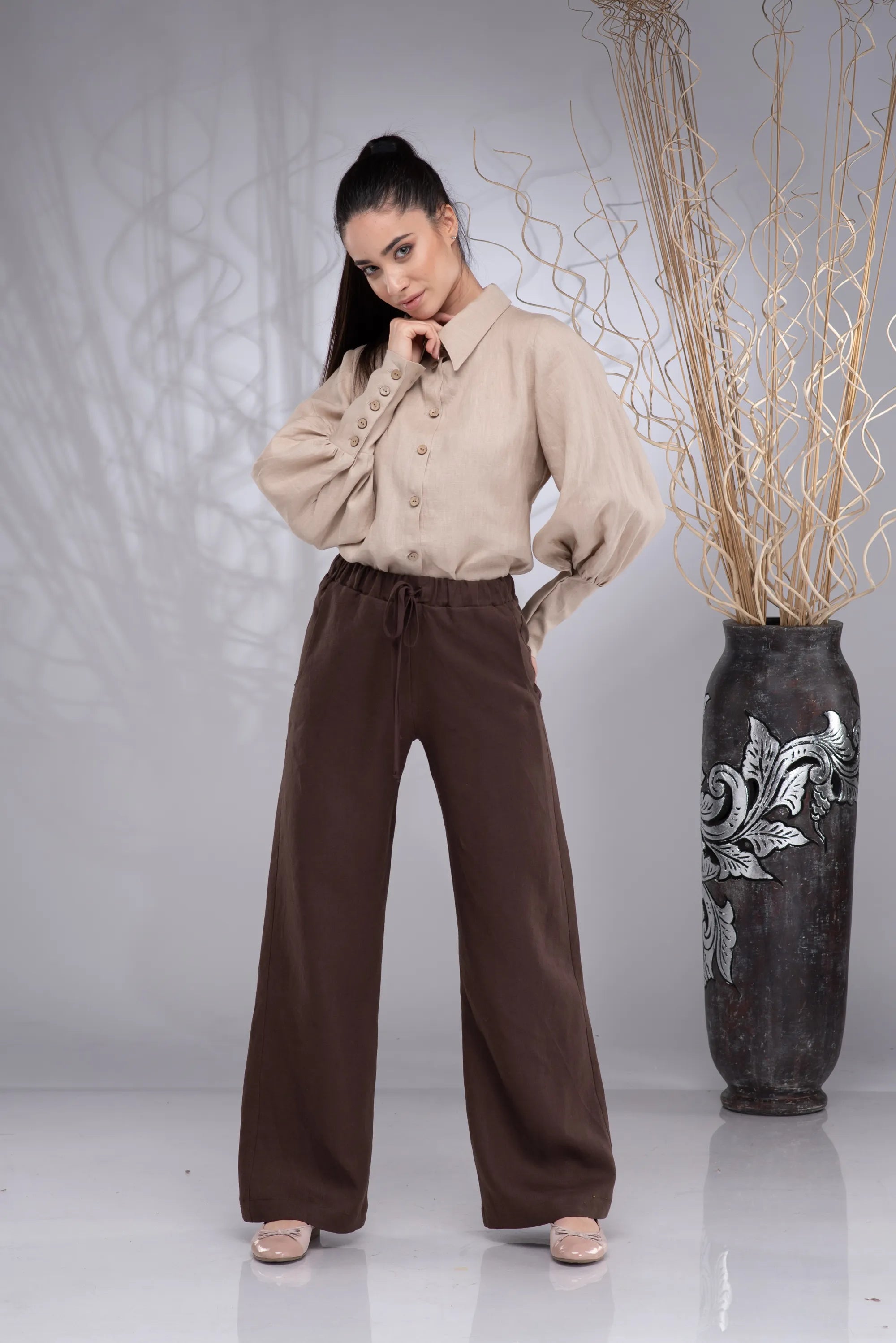 Linen Edwardian Button Up Collared Puff Sleeve Blouse-Danellys.webp