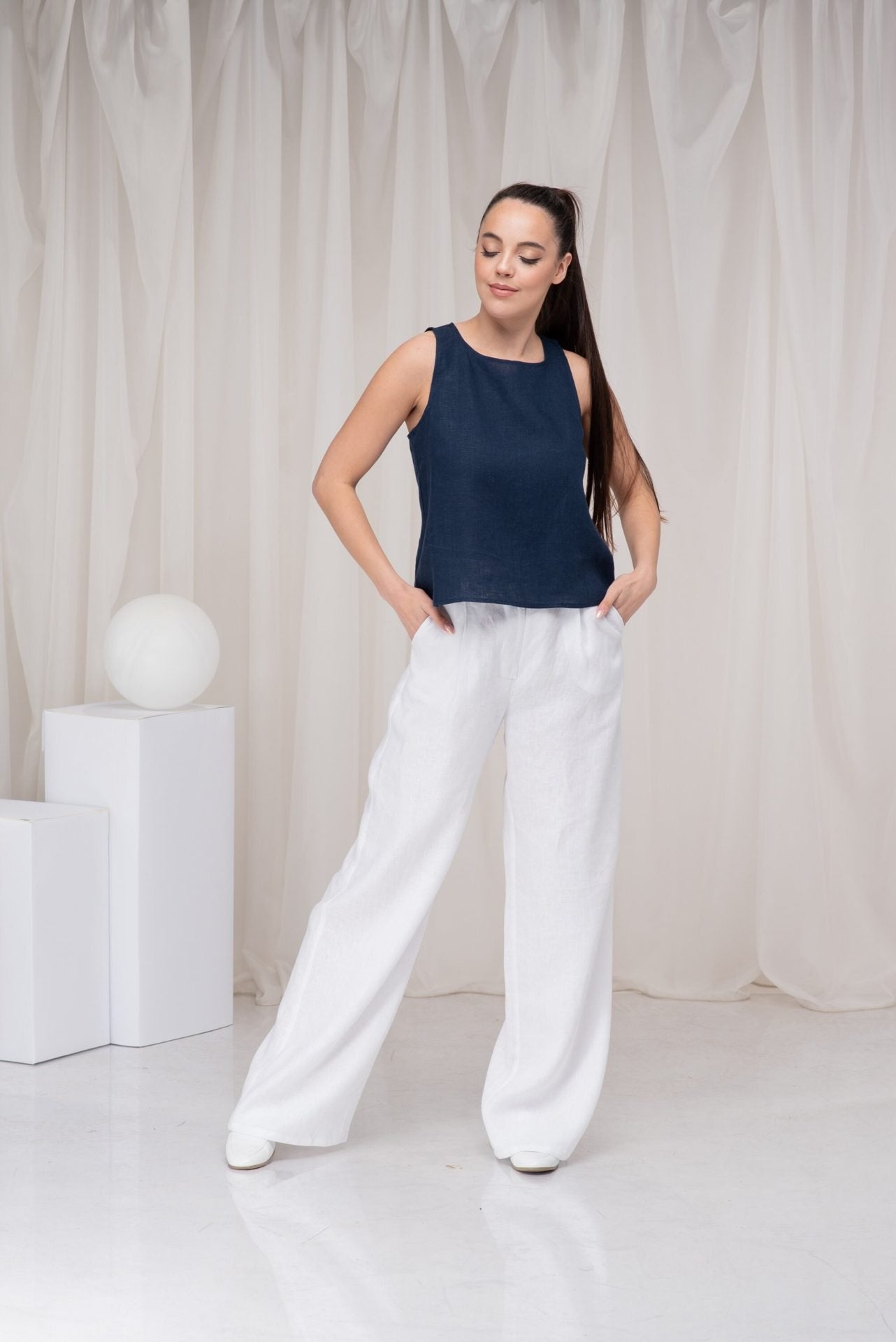 Linen Sleeveless Cross Back Crop Top