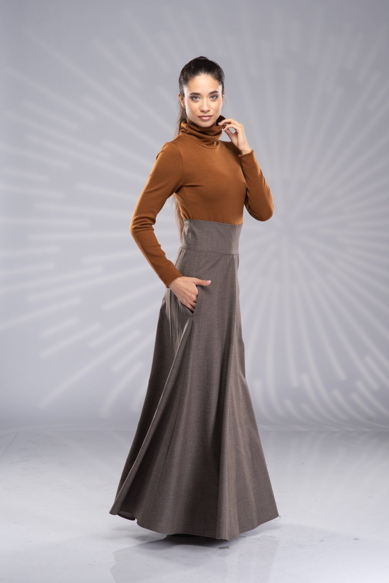 Long Wool Victorian Walking Winter Skirt with High Waist
