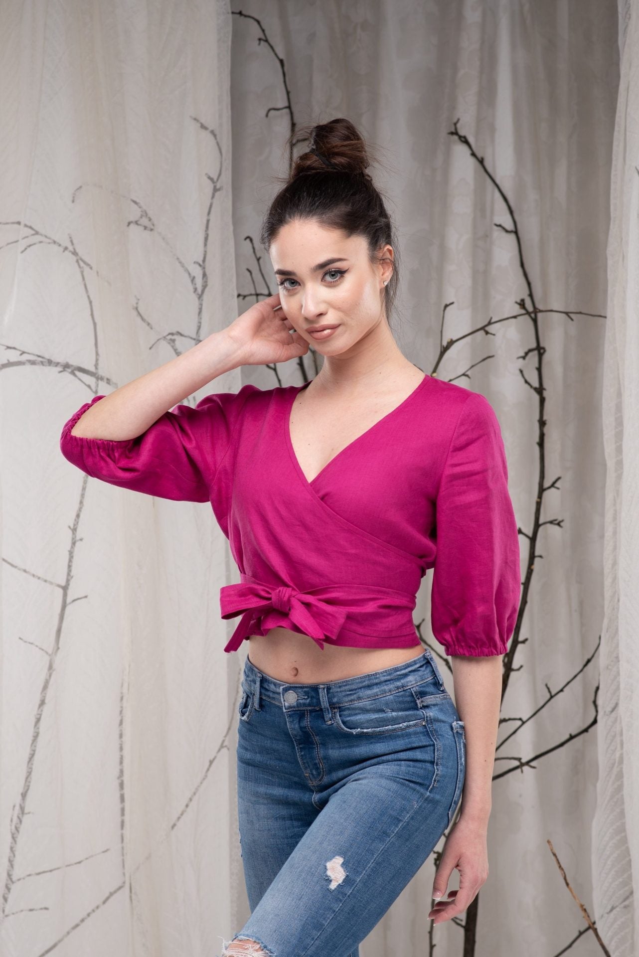 Linen Wrap Top with Short Puff Sleeves