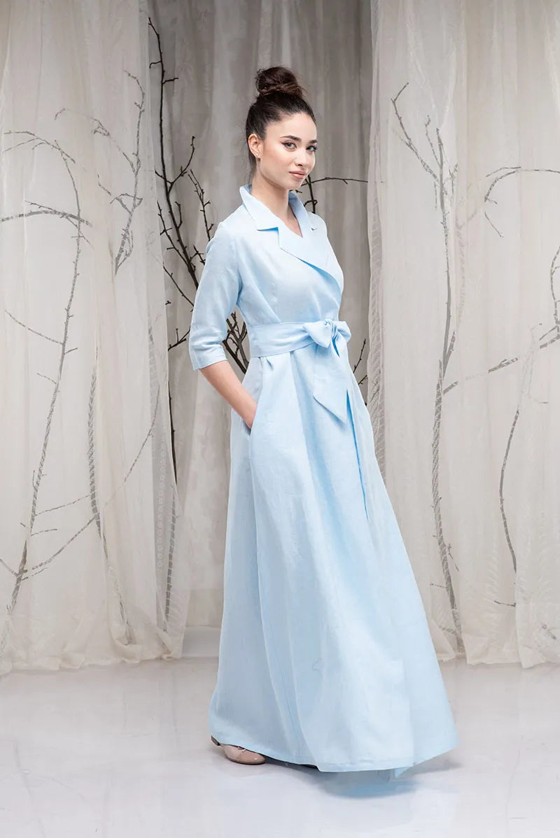 Boho Long Linen Shawl Collar Dress