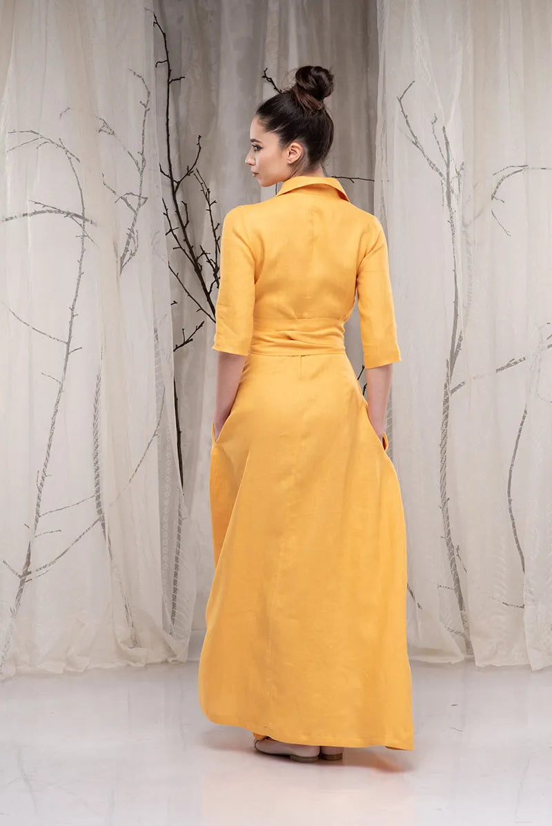 Yellow Linen Maxi Dress with Collar