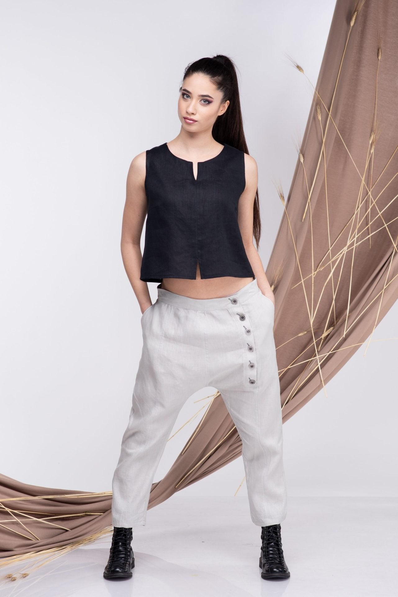 Linen Drop Crotch White Summer Casual Pants