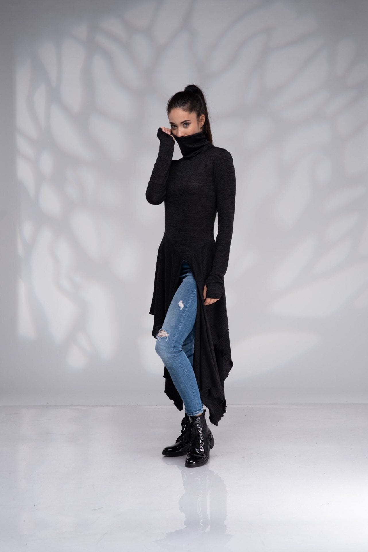 Long Turtleneck Asymmetrical High Low Draped Tunic with Thumb Hole