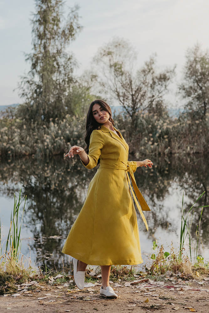Mustard Yellow Wrap Linen Midi Dress with Long Sleeve and Shawl Collar4.jpg