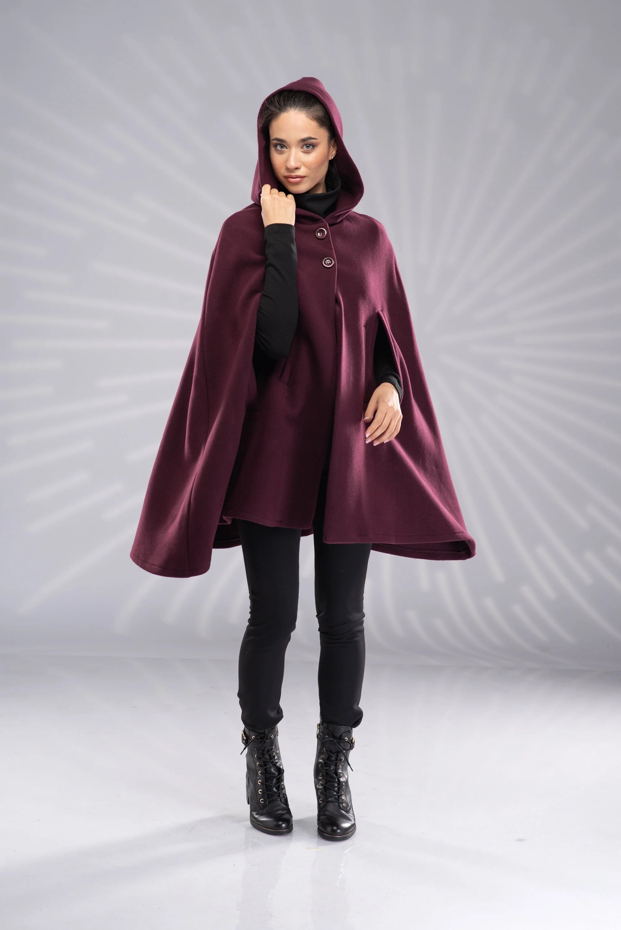 Wool Hooded Cape Coat Winter Short Cloak Wool Poncho-Danellys-2.webp