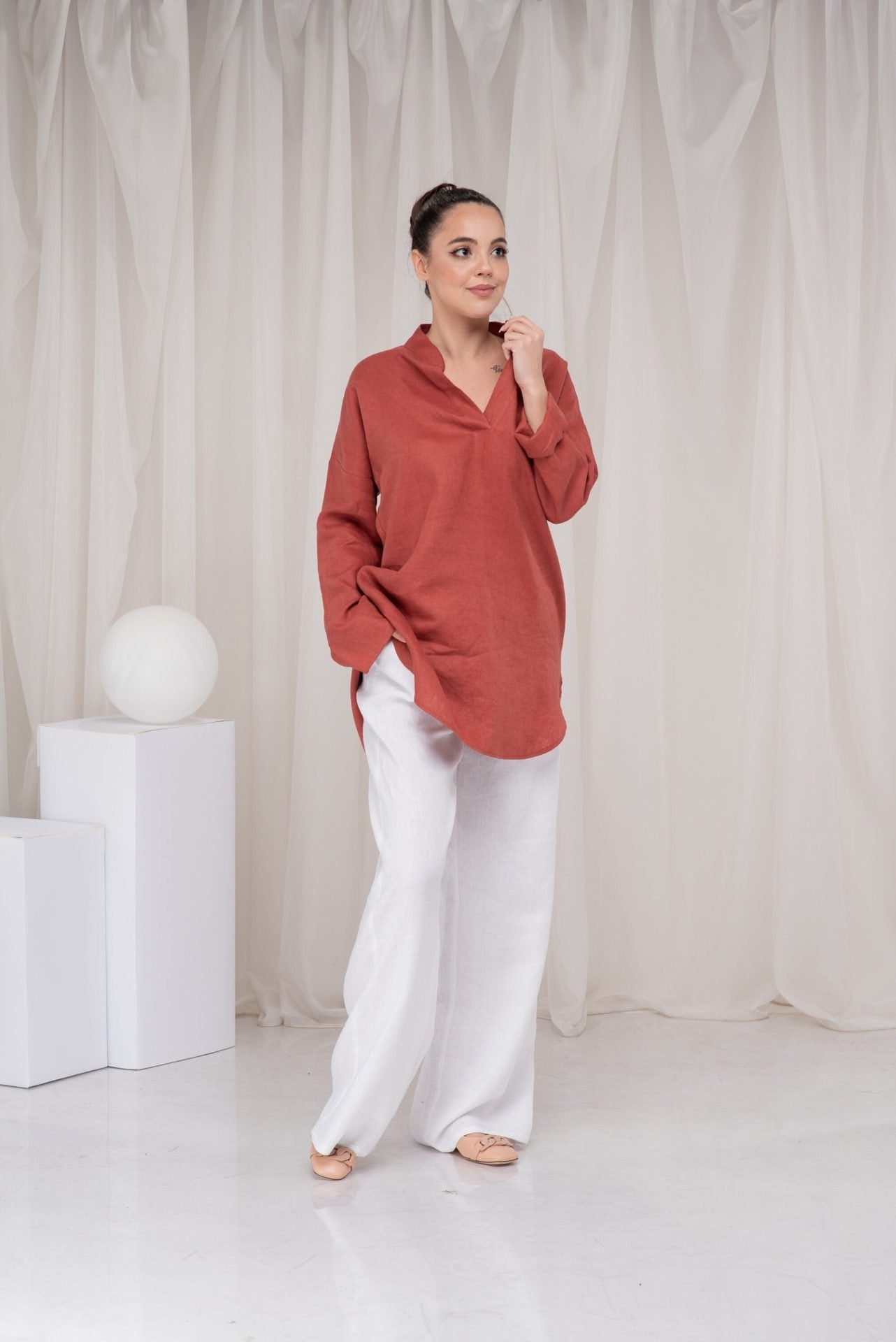 Linen Plus Size Loose Summer Burnt Orange Blouse