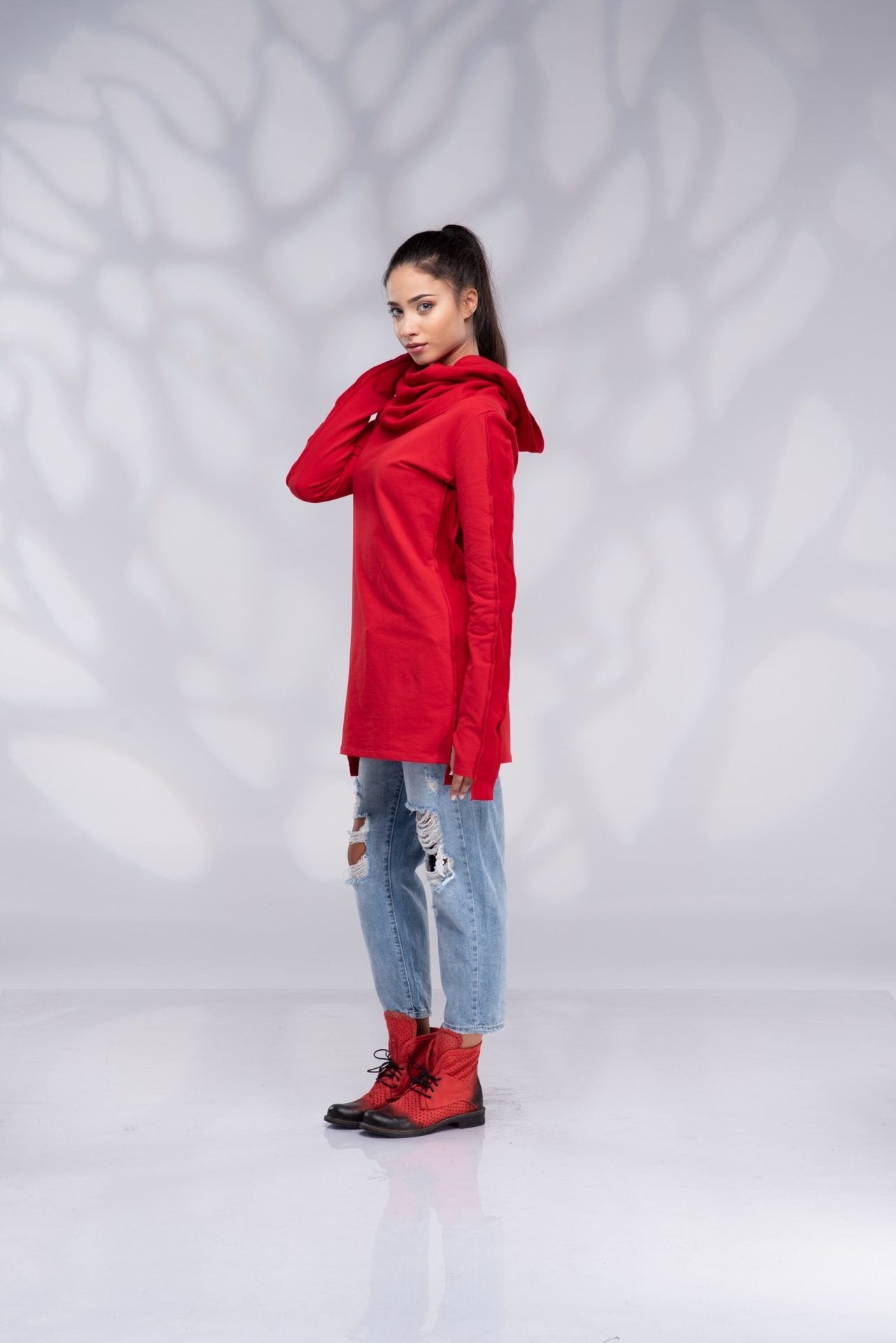 Cowl Neck Loose Loungewear Pixie Hoodie Sweatshirt with Thumb Hole