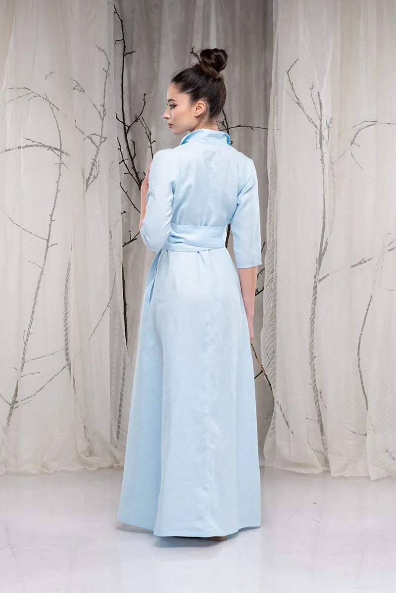 Boho Long Linen Shawl Collar Dress