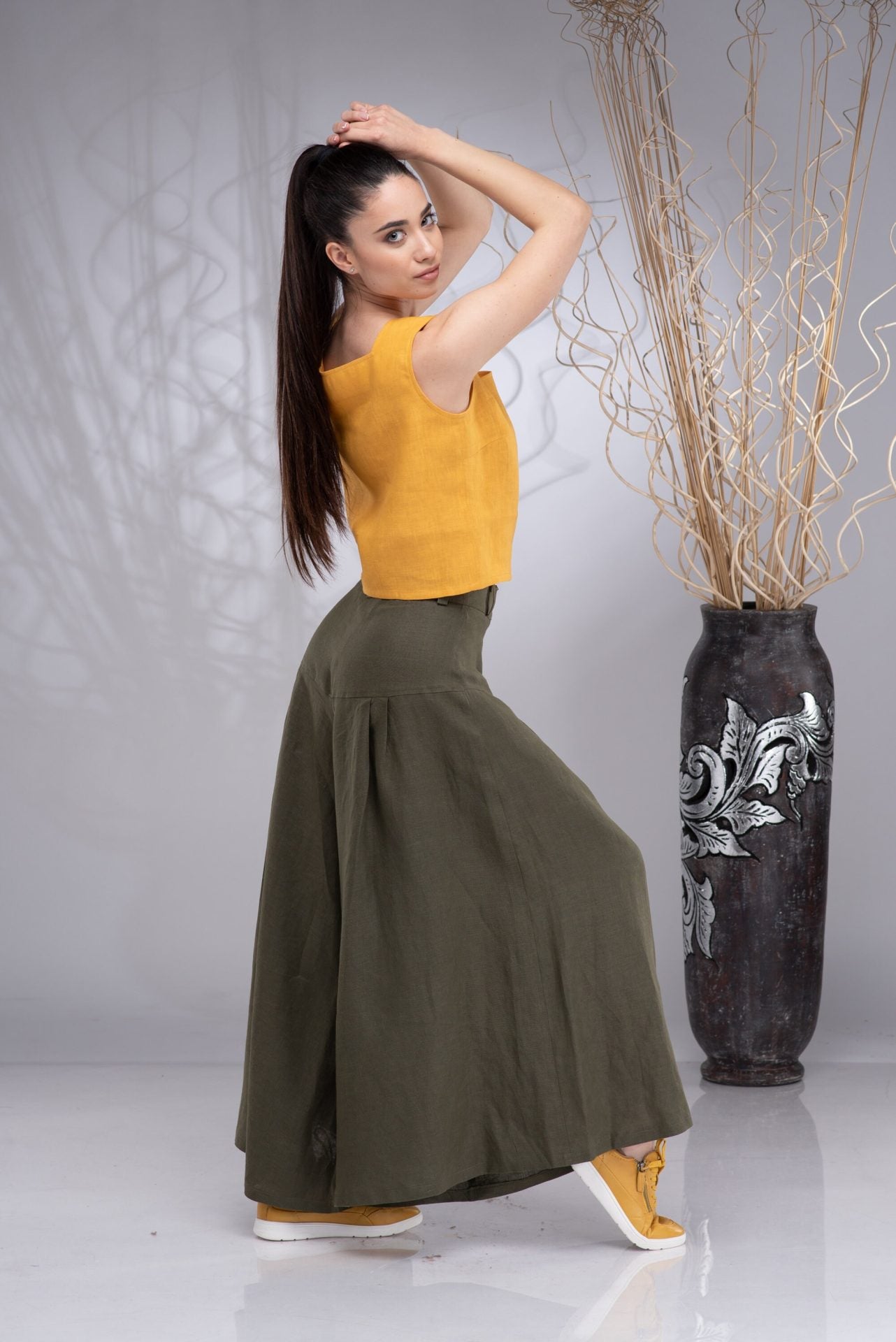 Linen Mustard Square Neck Crop Top