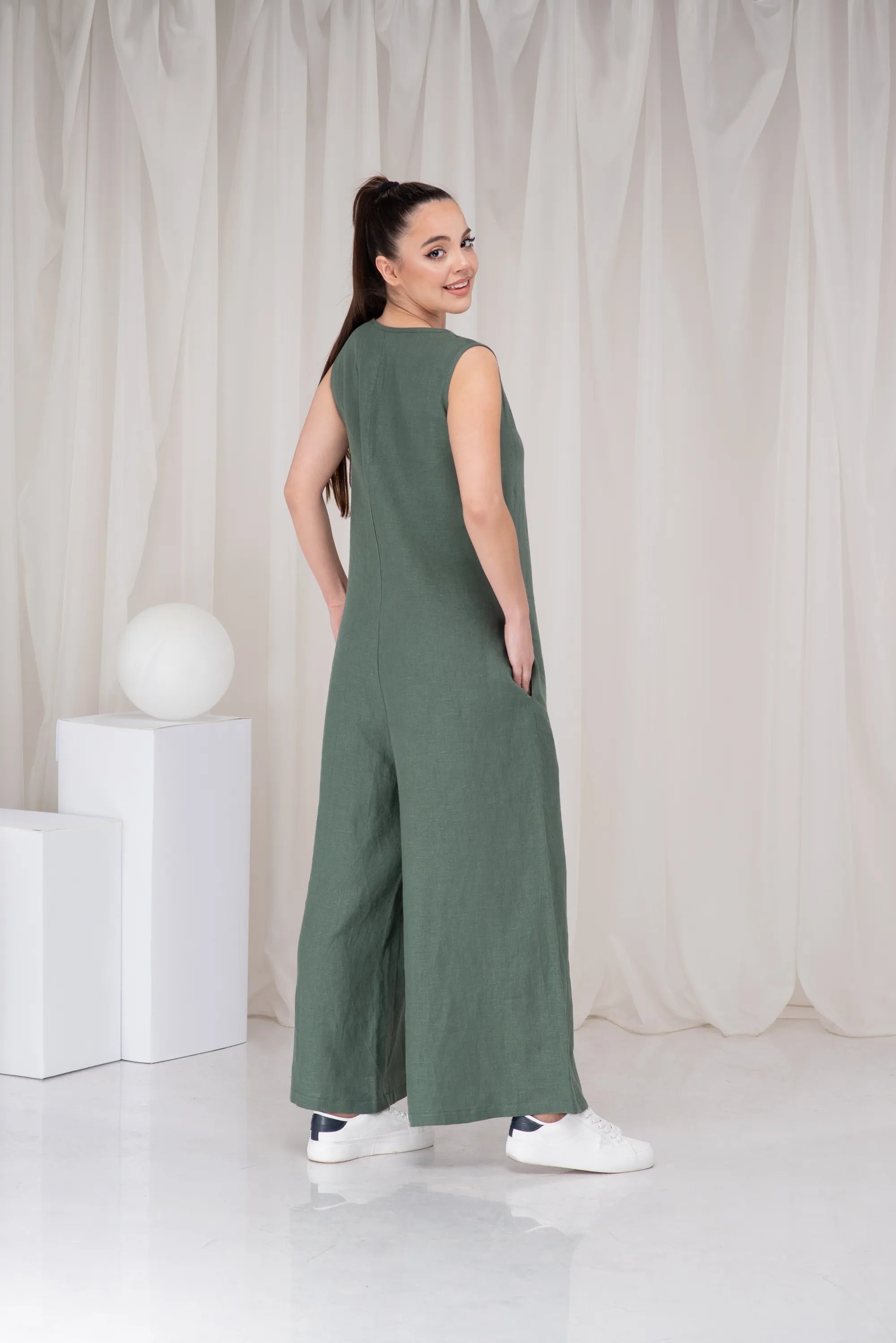 Green Linen Plus Size Wide Leg Loose Romper-Danellys-4.webp