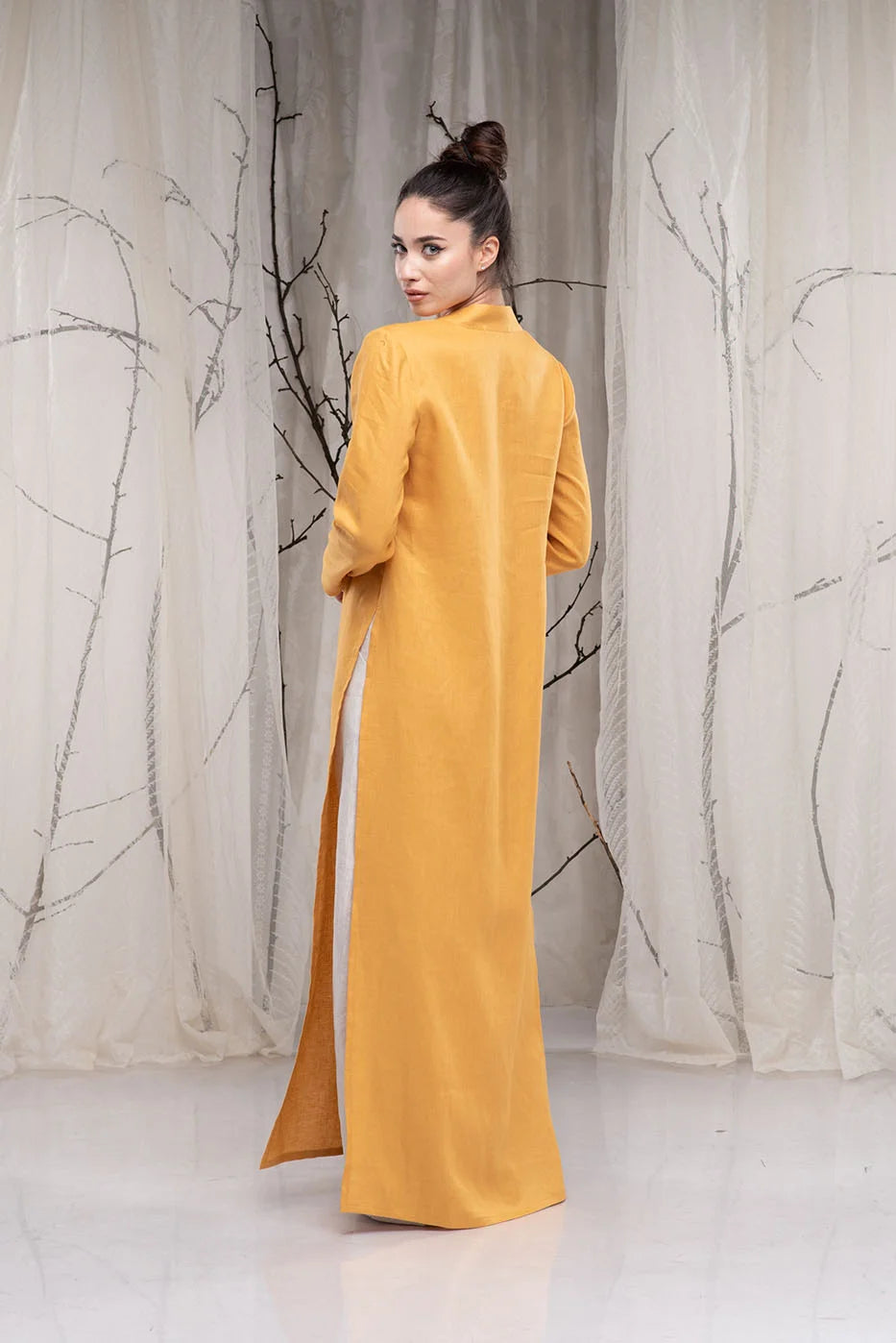 Long Linen Tunic Dress with Two Side Slits and Long Sleeves-Danellys-4.webp