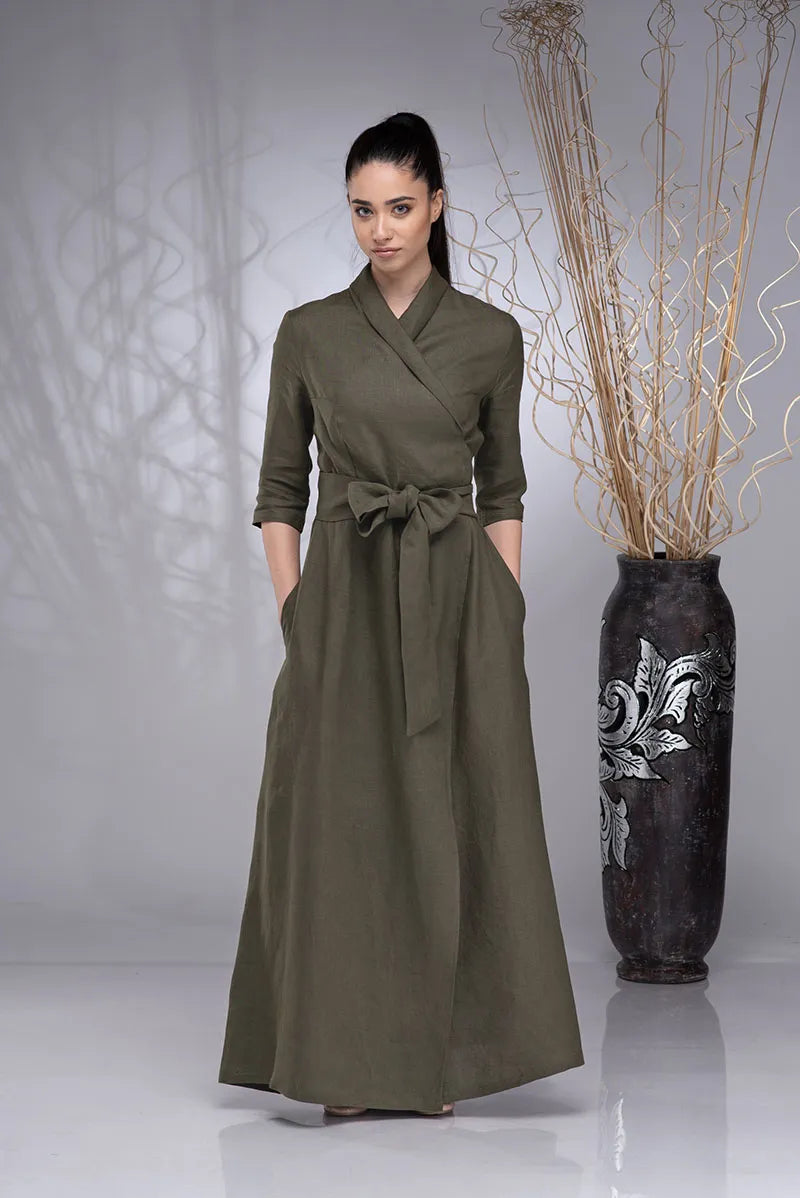 Linen Wrap Boho Maxi Shawl Collar Dress-5.webp