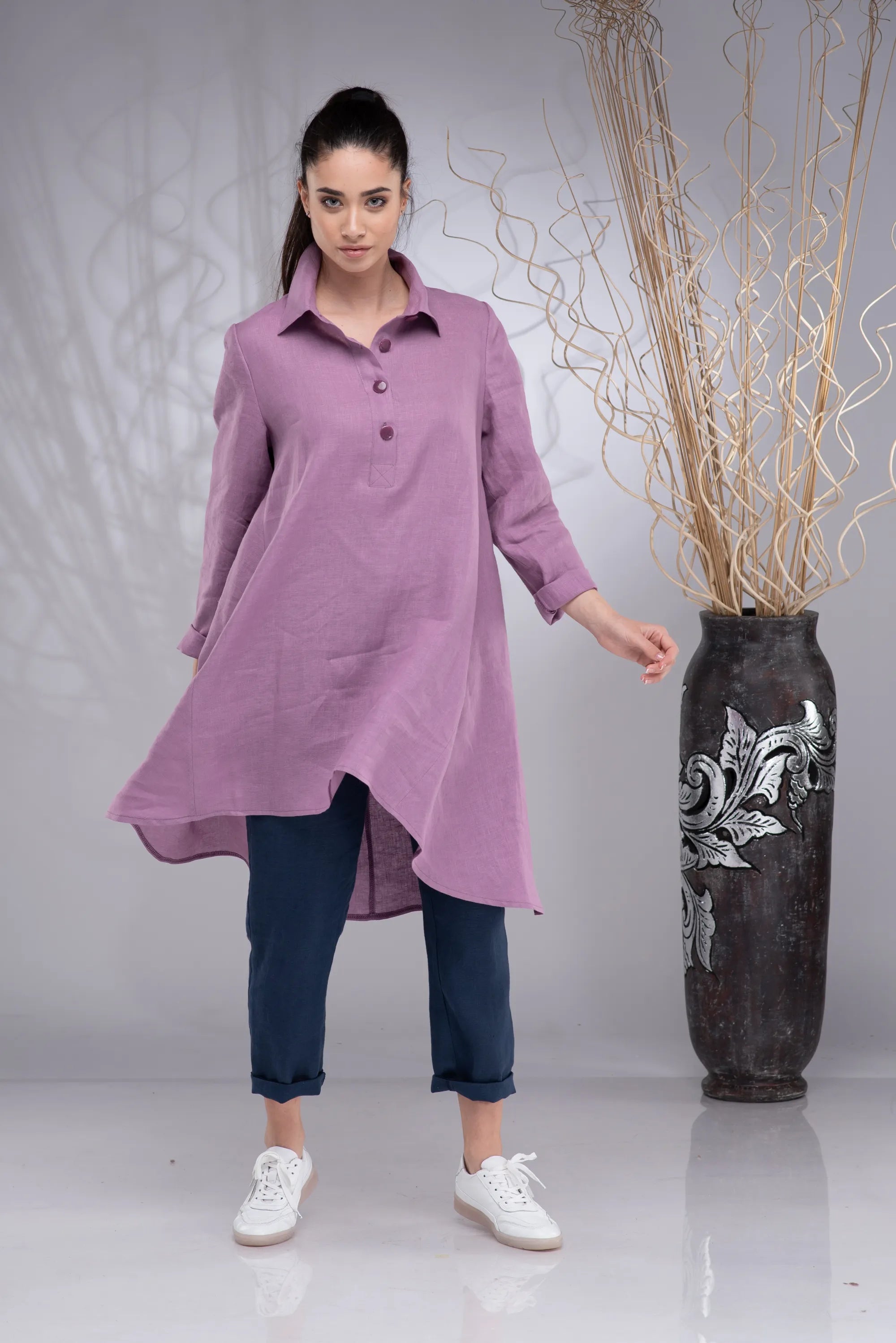 Linen Long Plus Size Button Asymmetrical Tunic Shirt-Danellys-7.webp