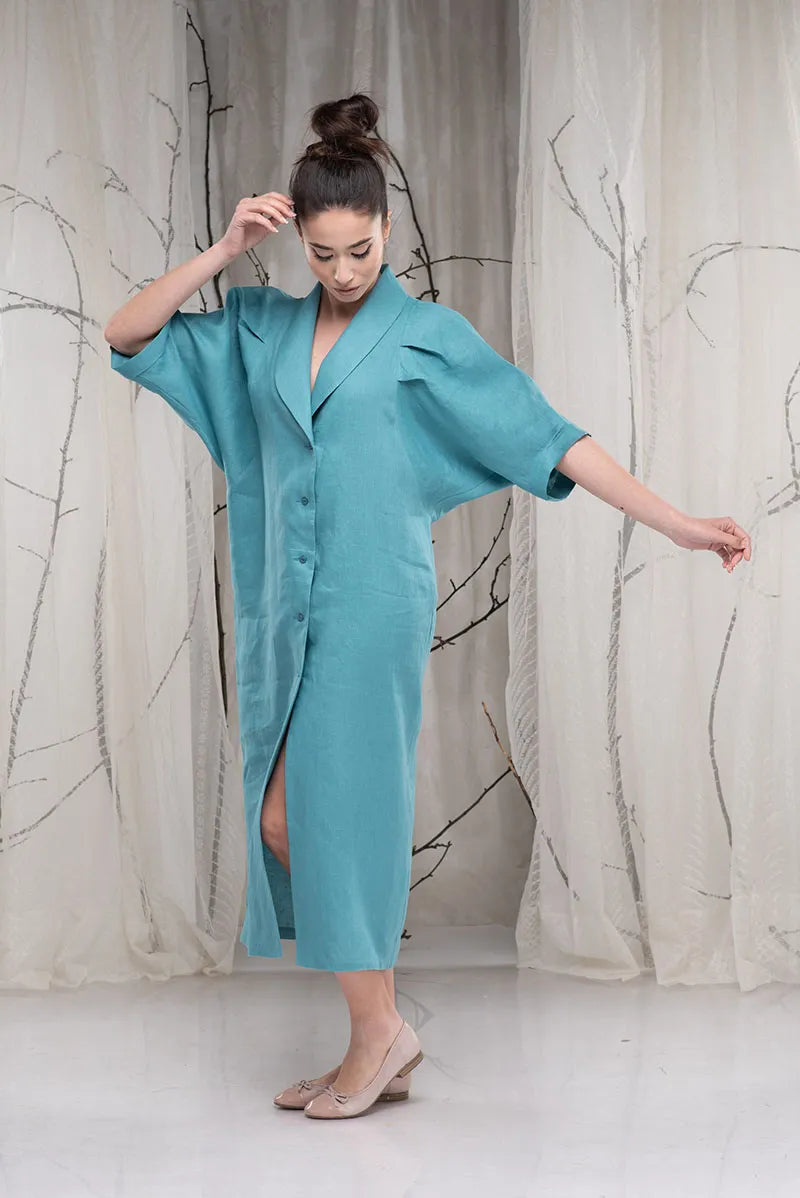 Linen Front Button Boho Dress with Shawl Collar