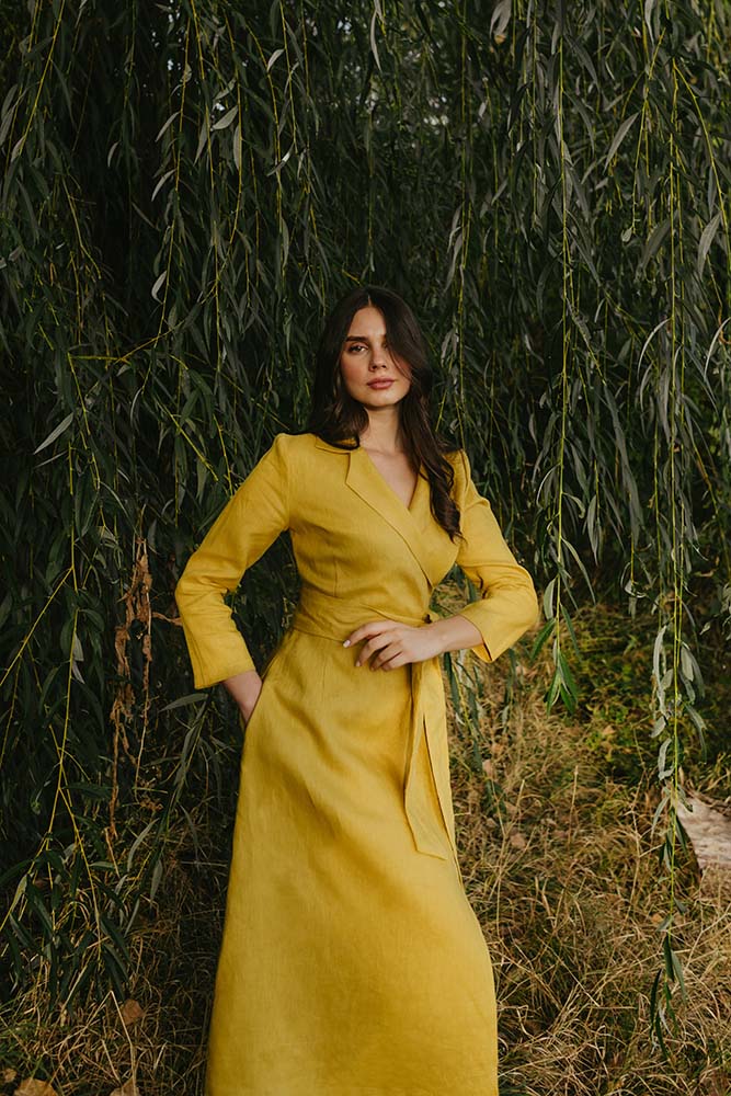 Mustard Yellow Wrap Linen Midi Dress with Long Sleeve and Shawl Collar
