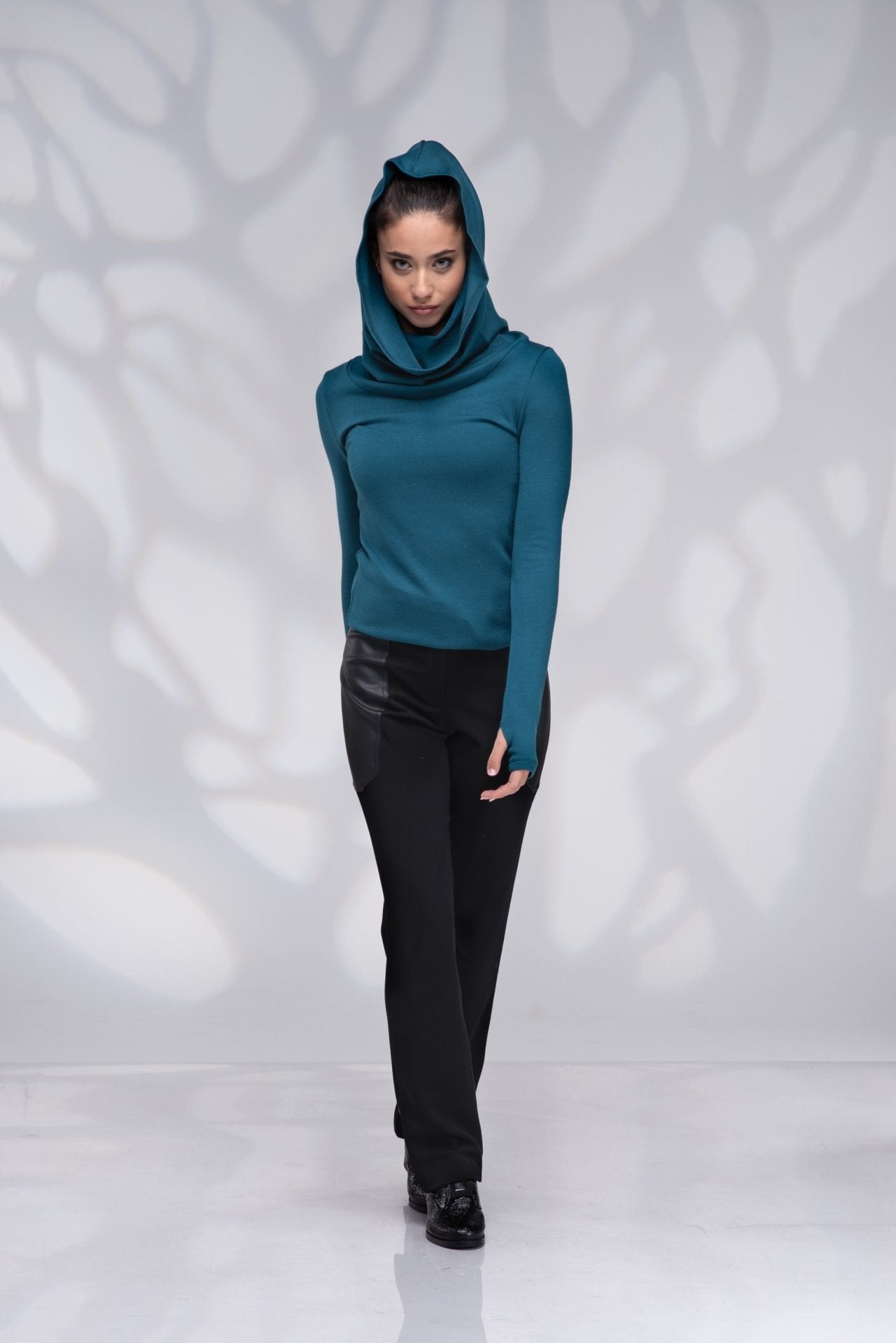 Cowl Hooded Teal Blue Winter Sweater