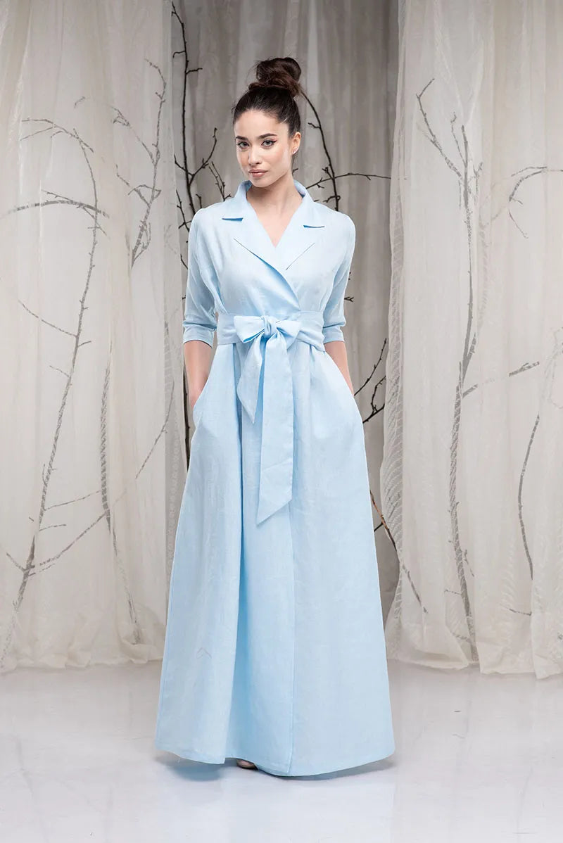 Boho Long Linen Shawl Collar Dress