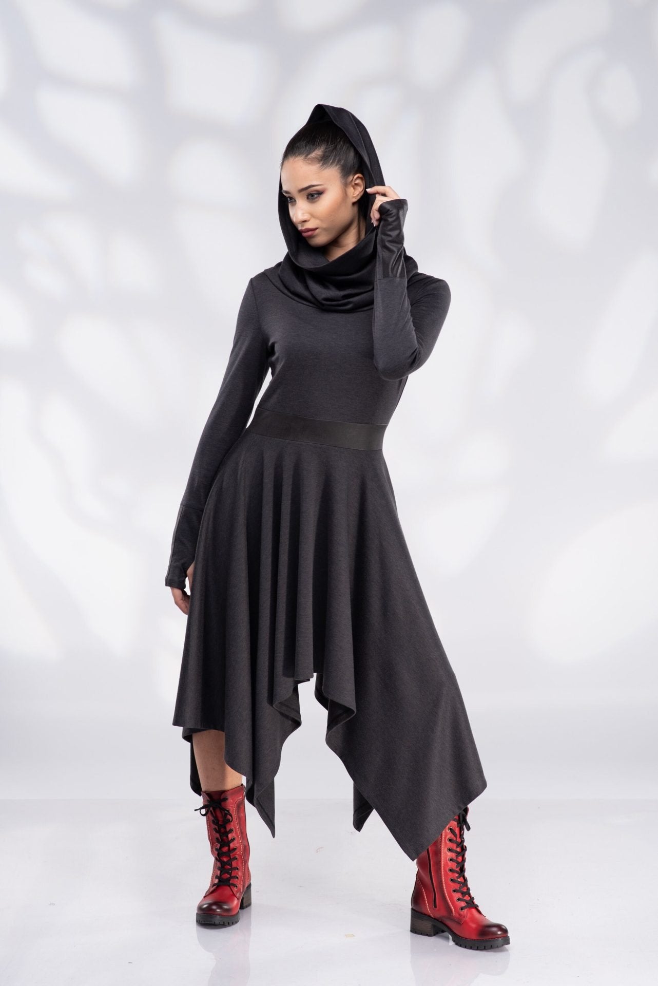 Black Winter Pixie Wool Dress with Cowl Hood
