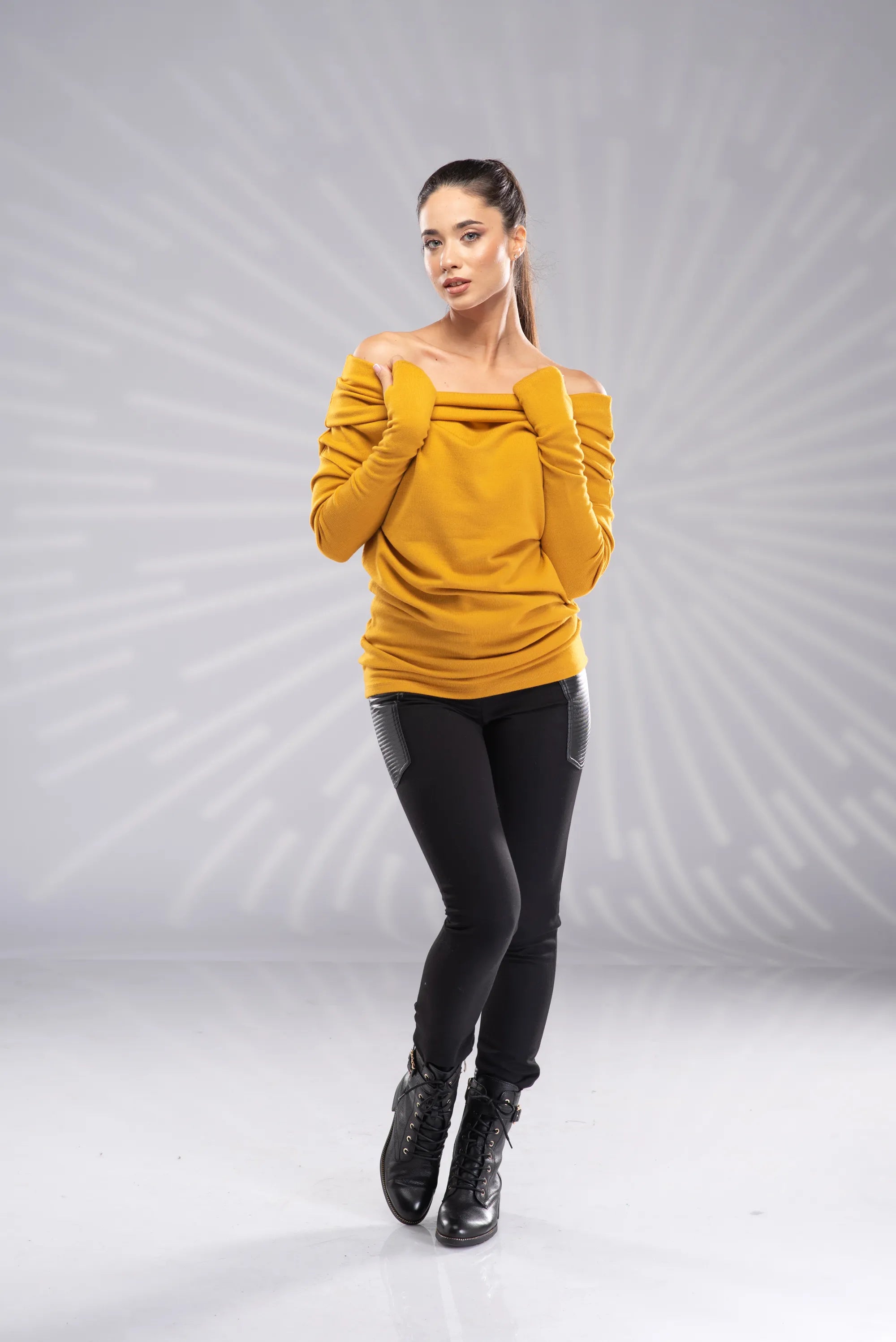 Mustard Off Shoulder Pullover-Danellys-3.webp