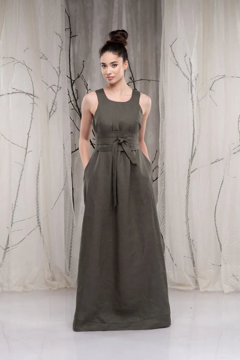 Linen Khaki Summer Maxi Dress with Obi Belt