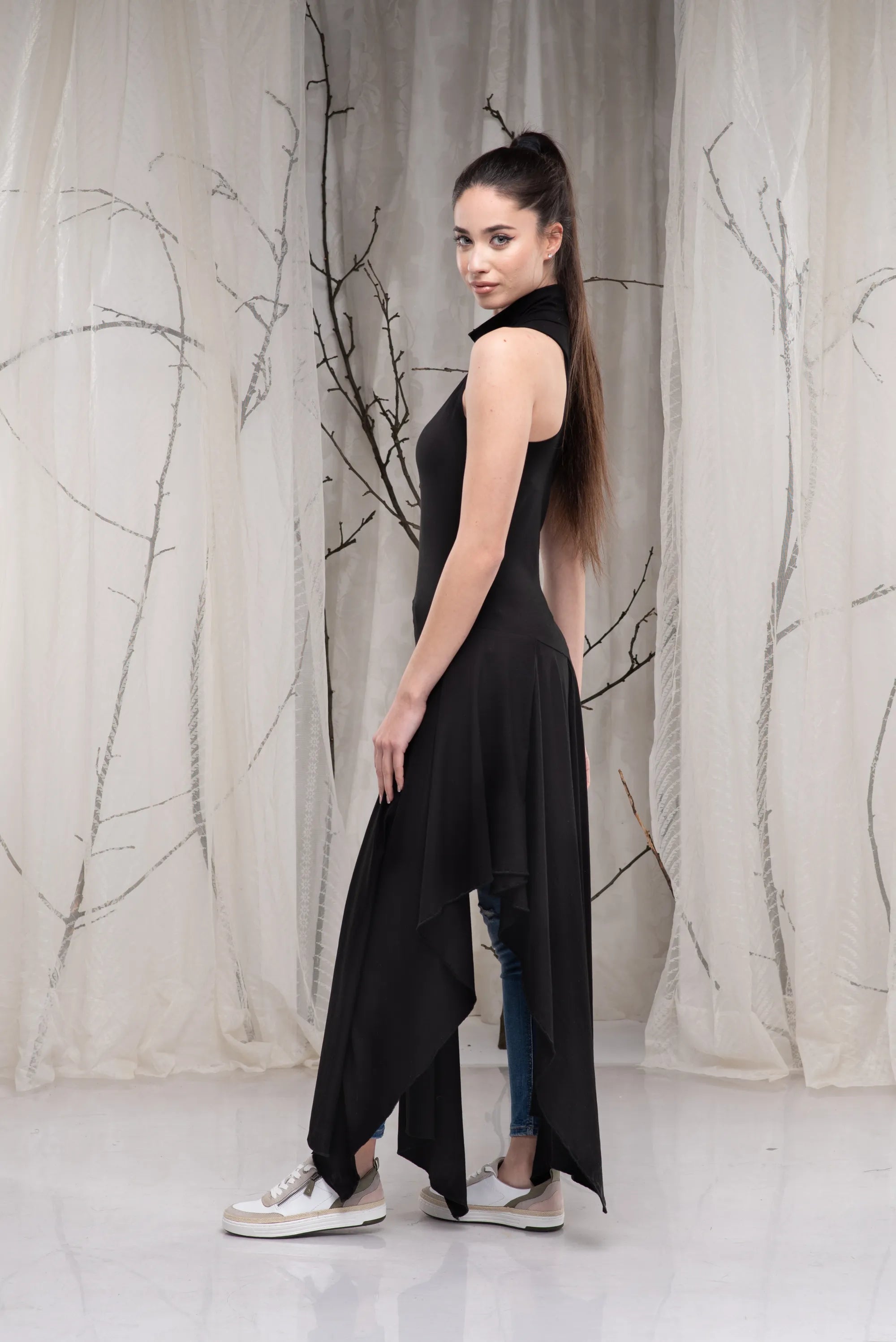 Long Black Turtleneck Asymmetrical Draped Sleeveless Tunic Top-Danellys-4.webp
