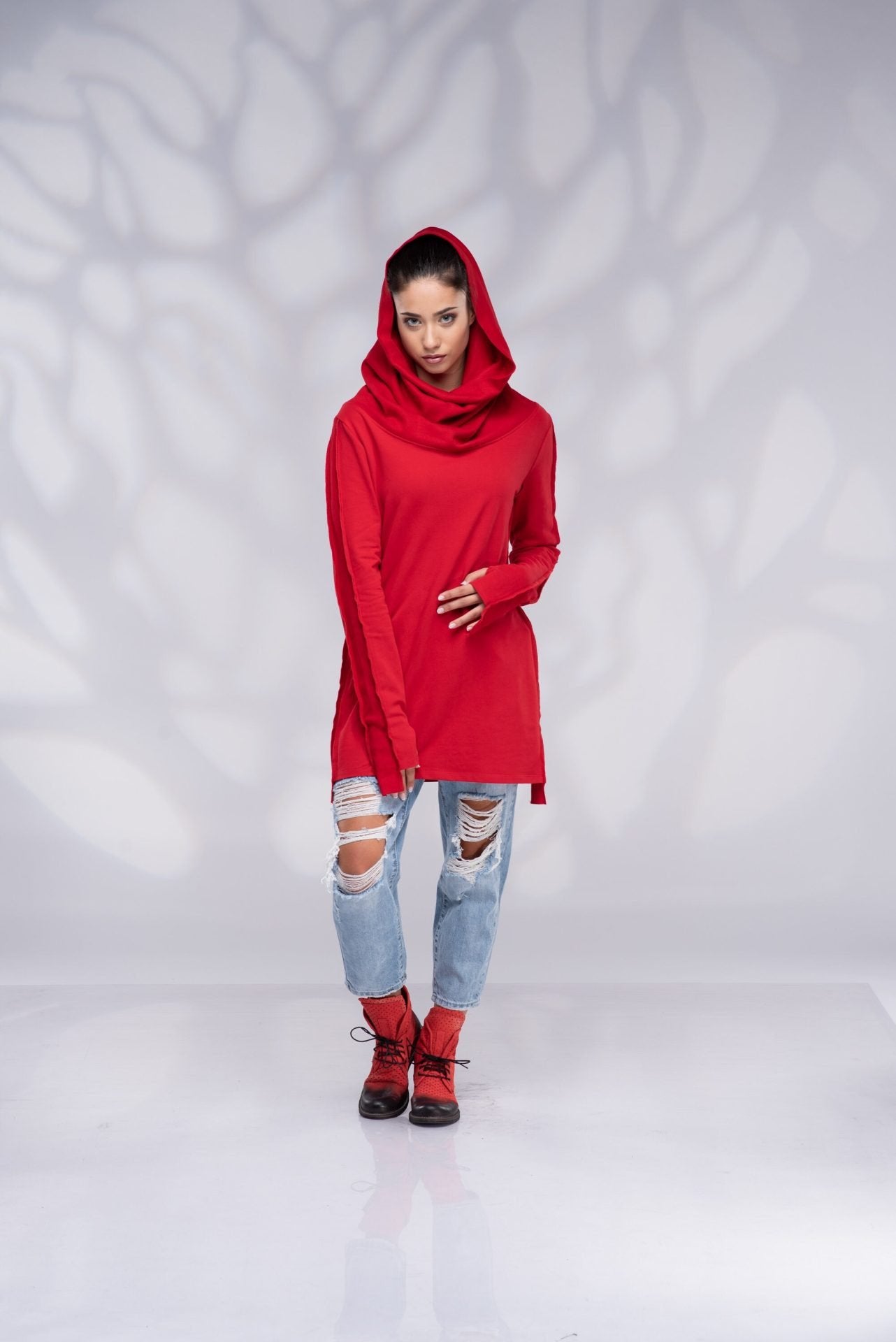 Cowl Neck Loose Loungewear Pixie Hoodie Sweatshirt with Thumb Hole