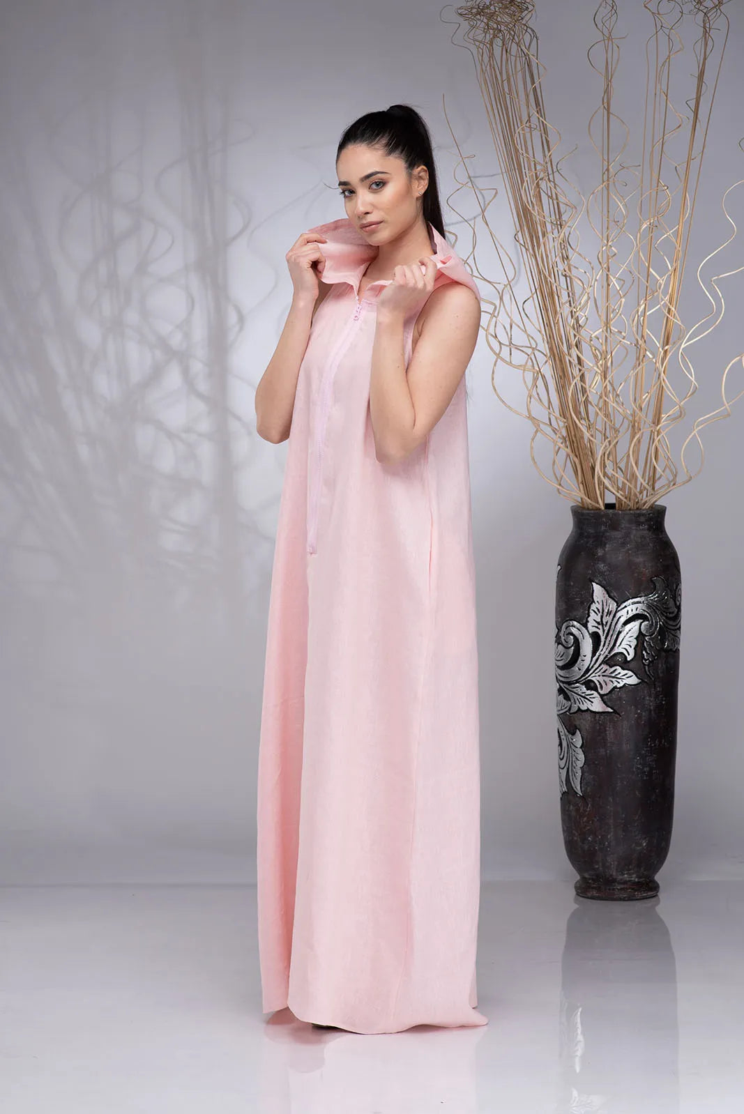 Black Linen Hoodie Dress with Zipper made of Pure Linen