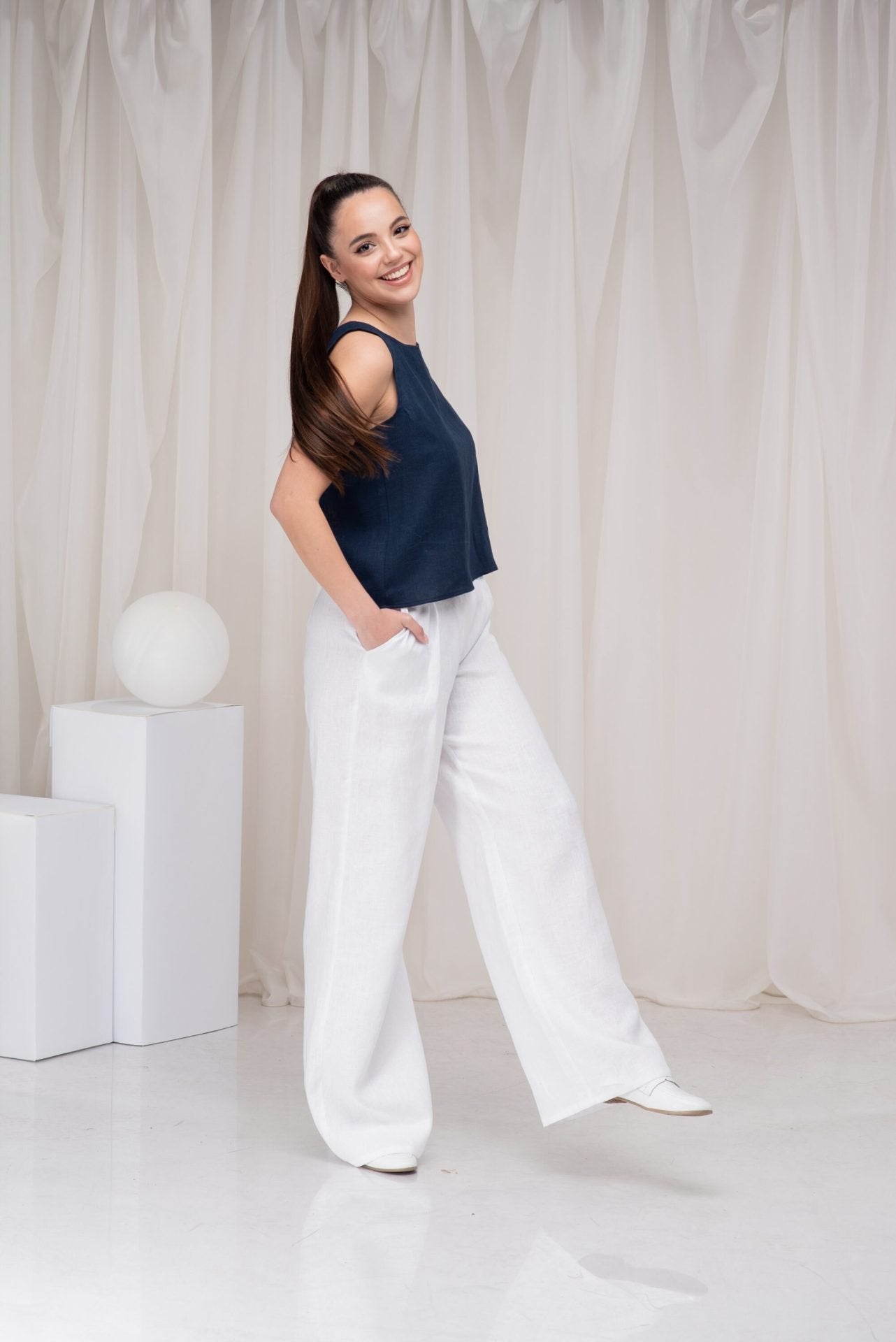 White Linen Wide Leg Palazzo Summer Pants with Two Pockets