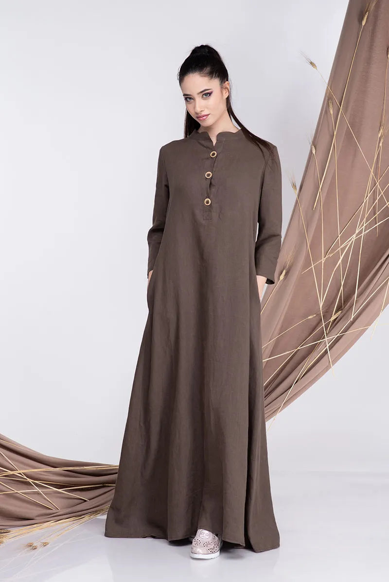 Long Linen Abaya Dress- Long Sleeve Kaftan Maxi