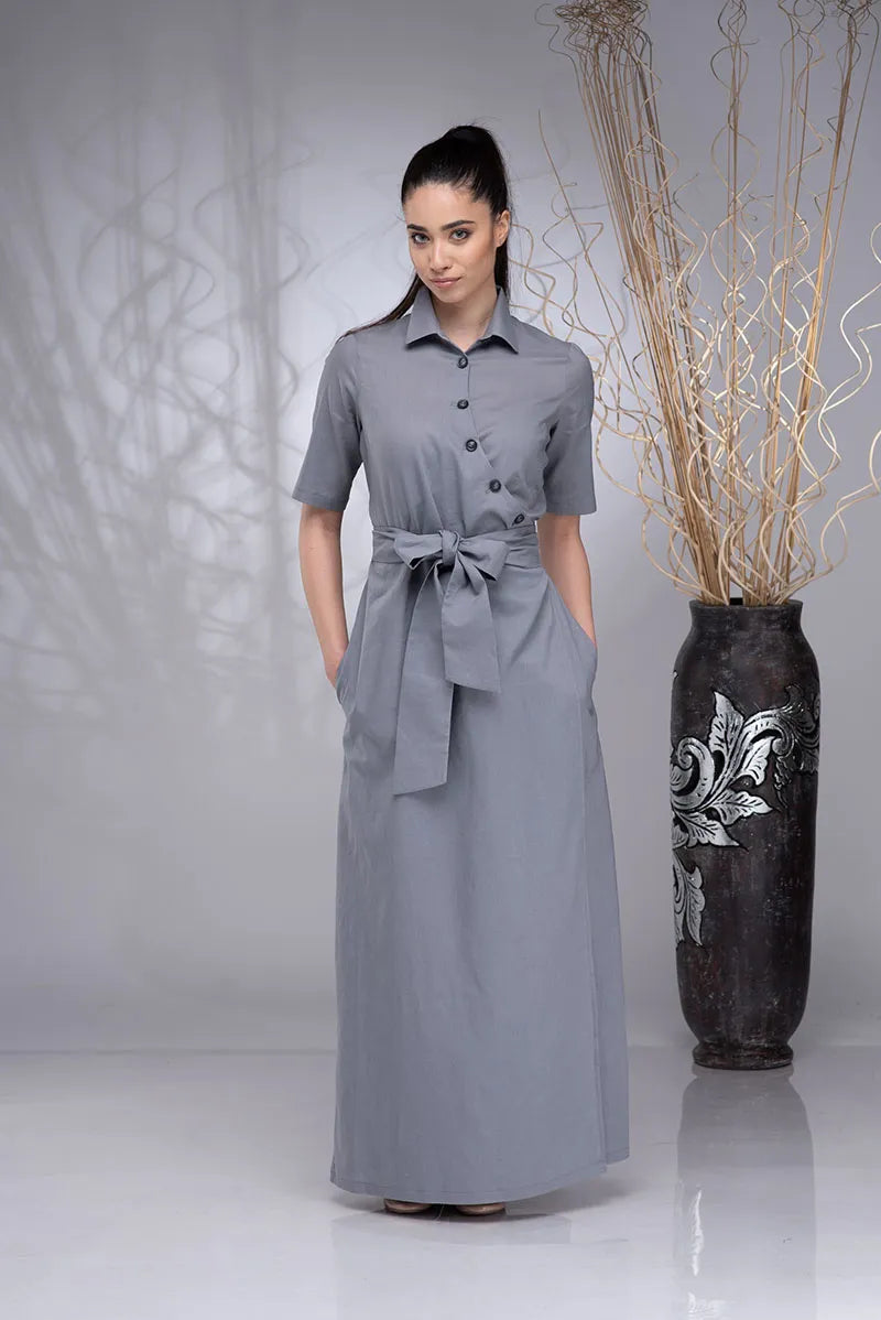 Linen Maxi Wrap Button up Boho Dress with Linen Belt