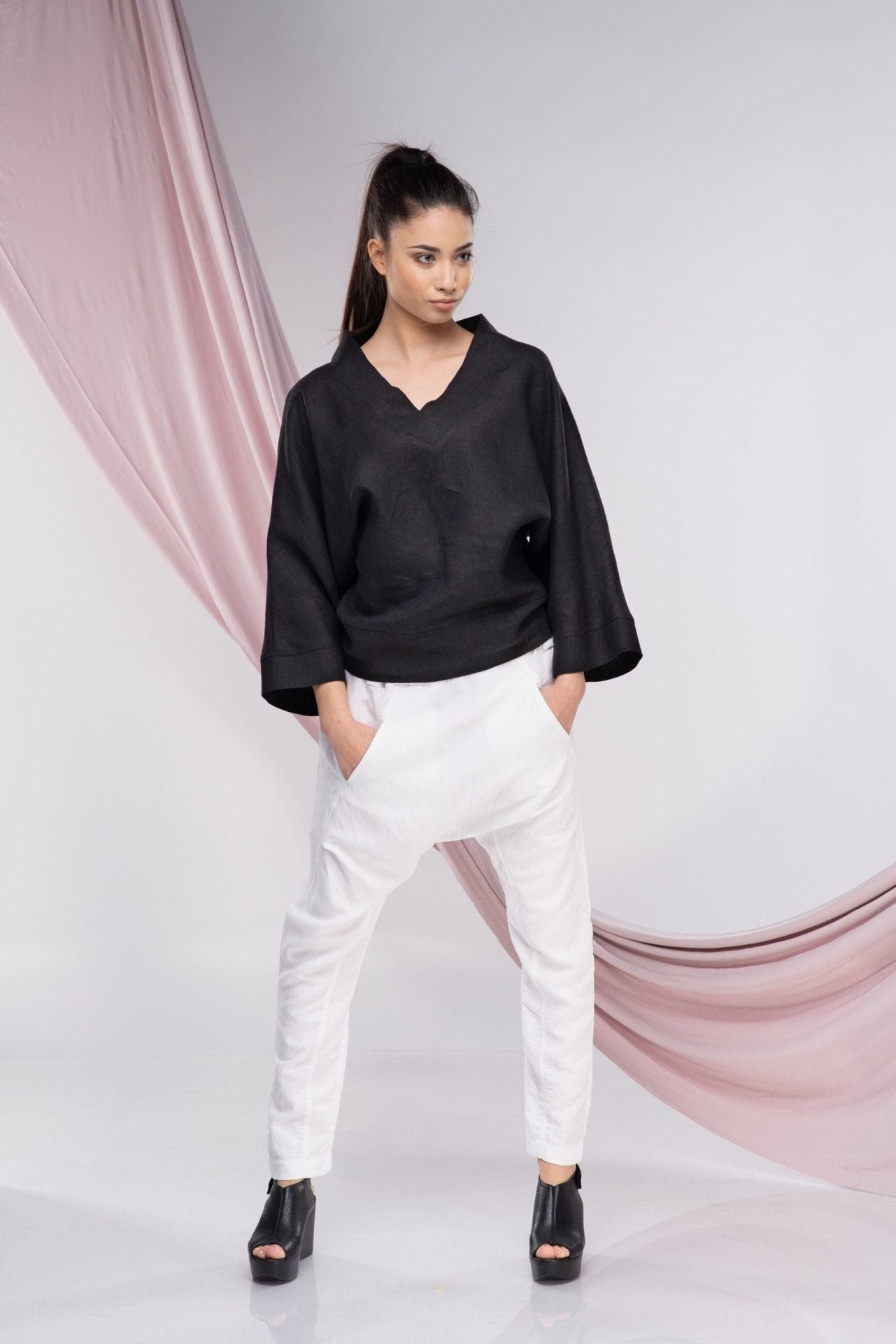 Linen V Neck Loose Kimono Top