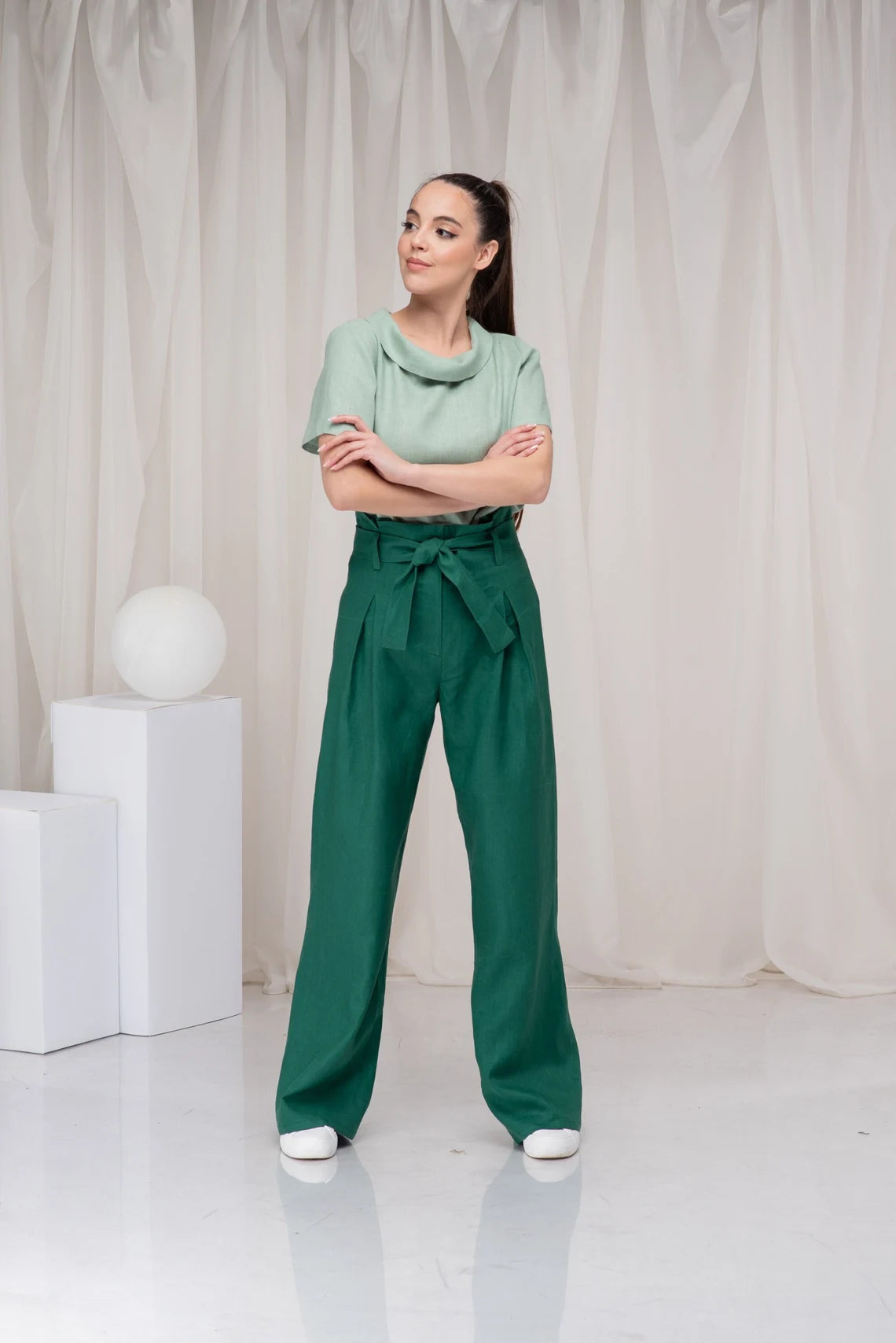 Green Linen High Waist Palazzo Summer Pants-Danellys-4.webp