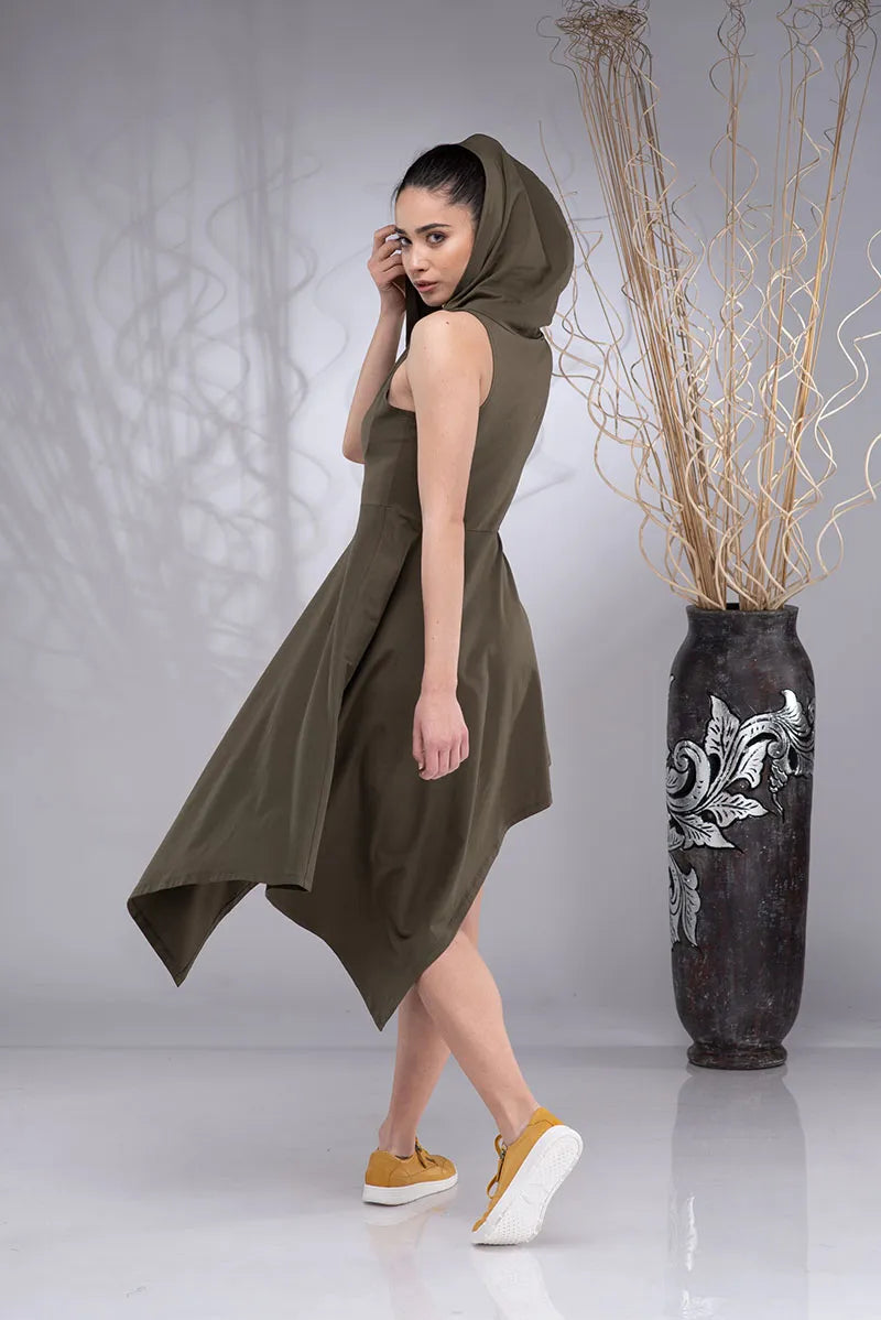 Elven Cotton Asymmetrical Cowl Hood Dress