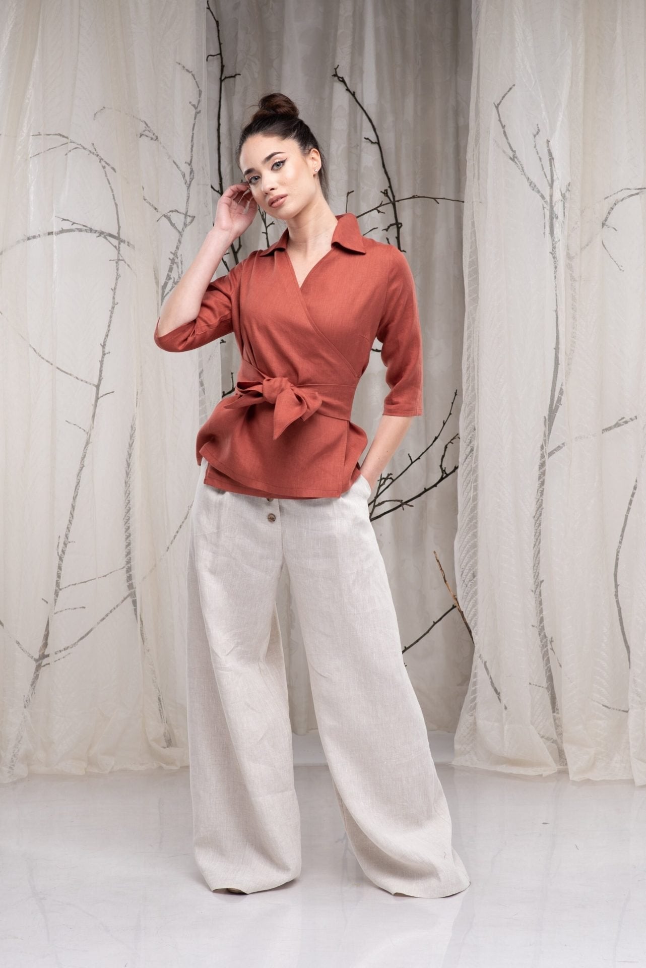 Summer Linen Rust Wrap Kimono Top