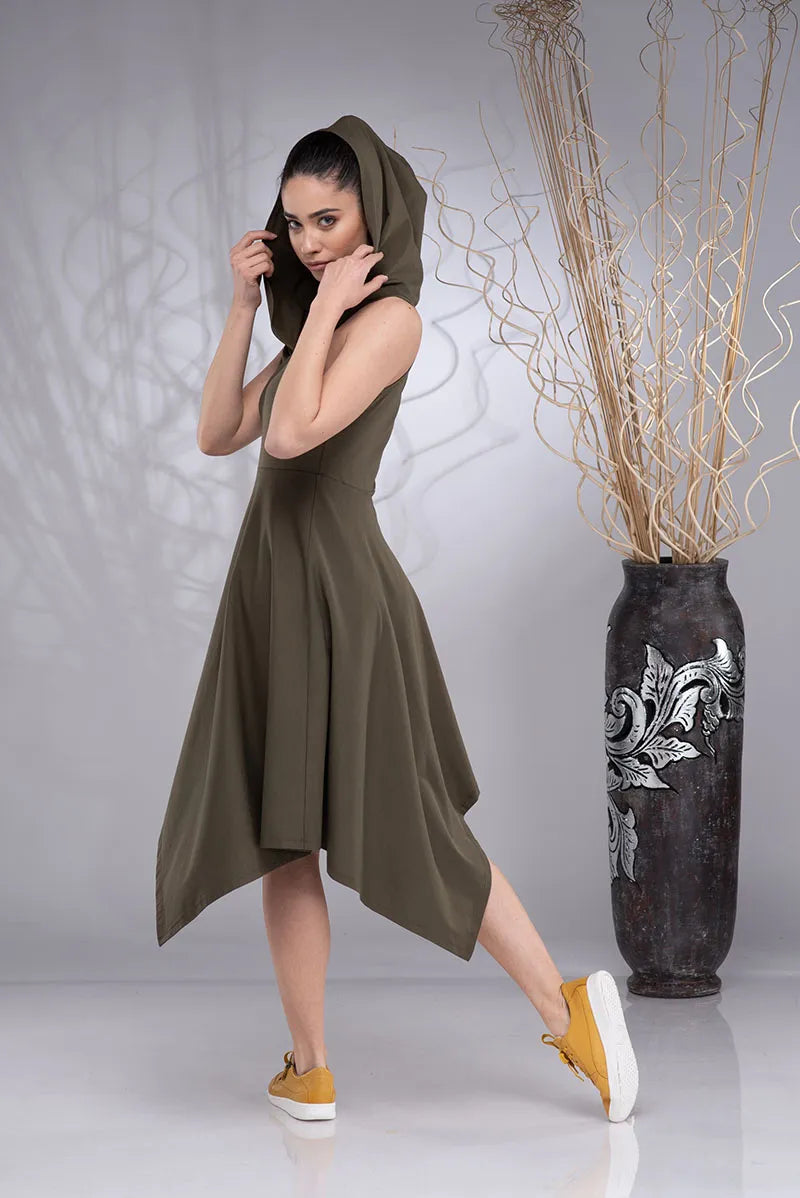 Elven Cotton Asymmetrical Cowl Hood Dress