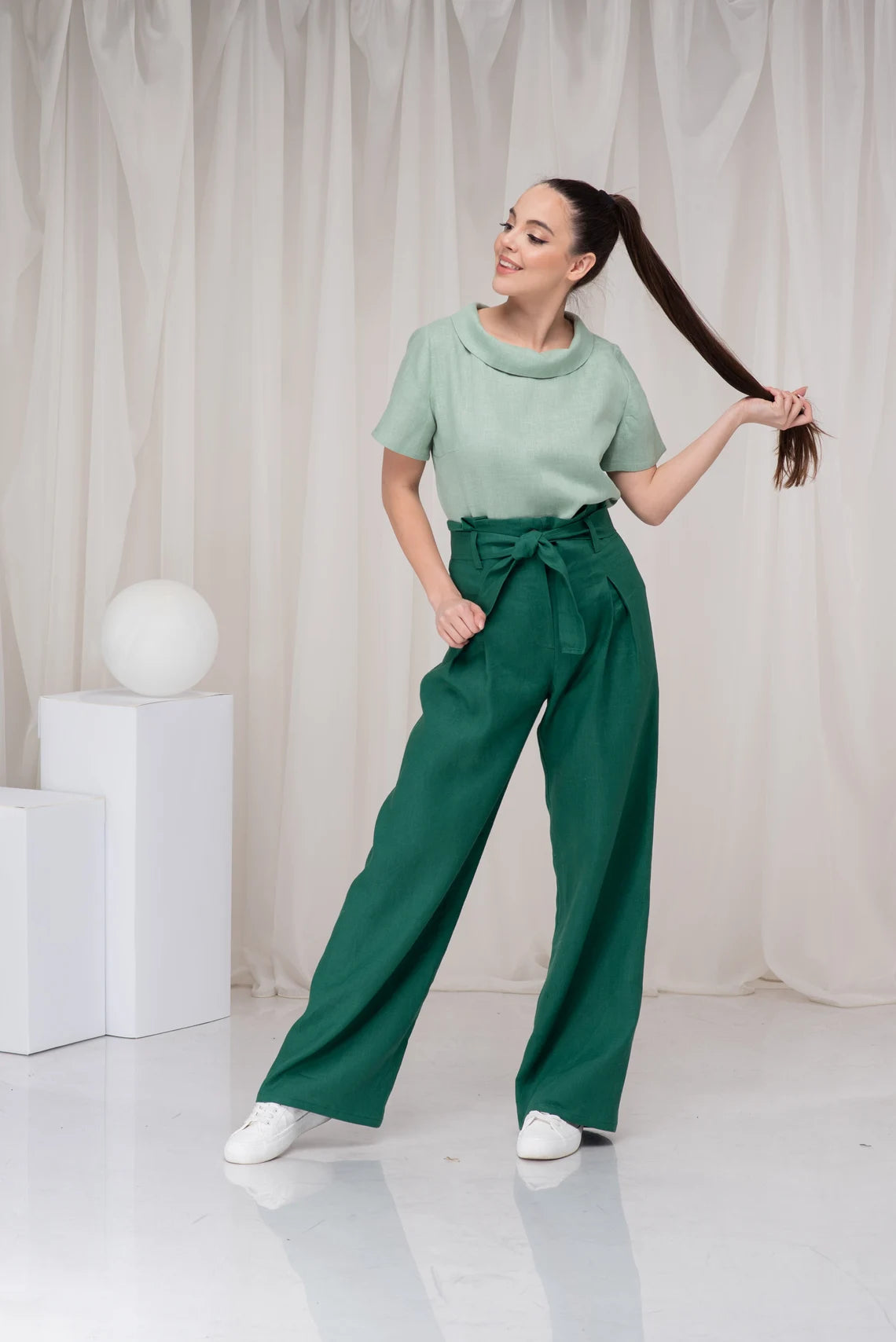 Green Linen High Waist Palazzo Summer Pants-Danellys.webp