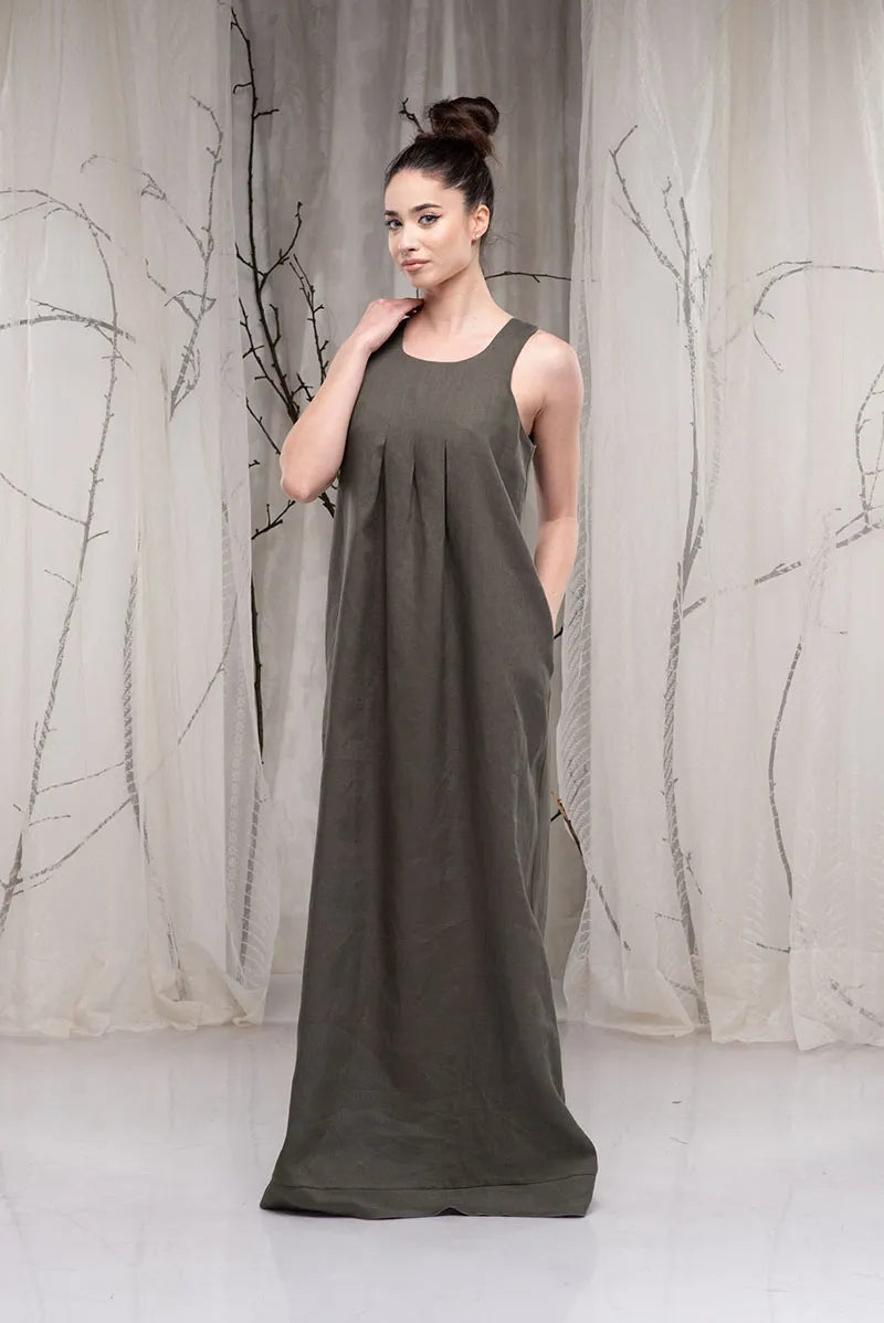 Khaki Linen Minimalist Boho Sleeveless Dress-Danellys.webp