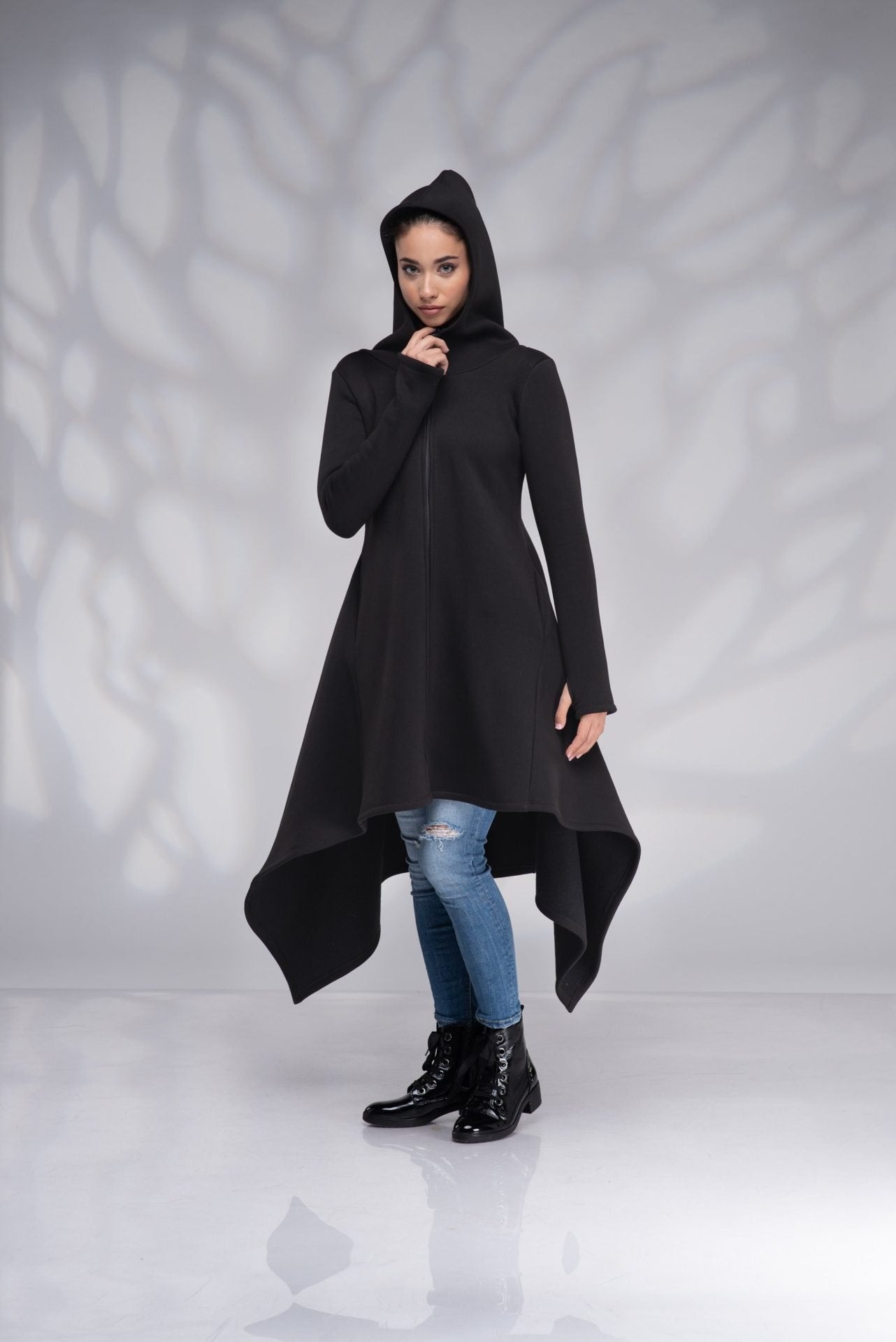 Cotton Hooded Maxi Coat Long Zip up Black Gothic Jacket